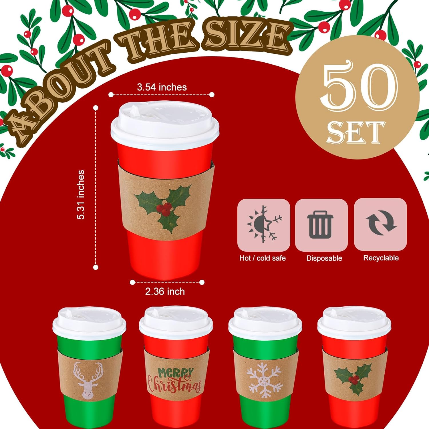 50 Pack 16 Oz Christmas Disposable Coffee Cups With Lids And Sleeves Merry Christmas Paper Coffee Cups Red And Green Drinking Cup For Beverage Cold Hot Drinks Holiday