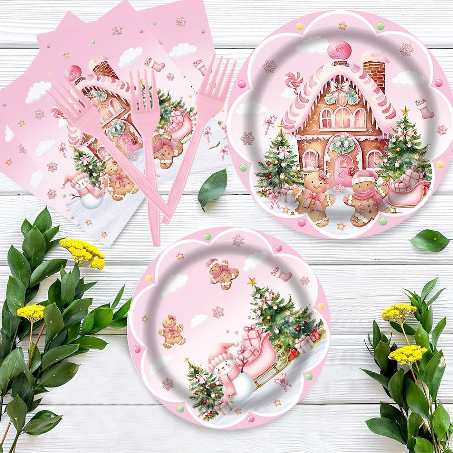 Christmas Pink Gingerbread House Tableware Set 96 Pcs Disposable Plates Napkins Forks Snowman Gingerbread Man Xmas Tree Happy Birthday Merry Christmas Party Decorations Serve 24 Guests