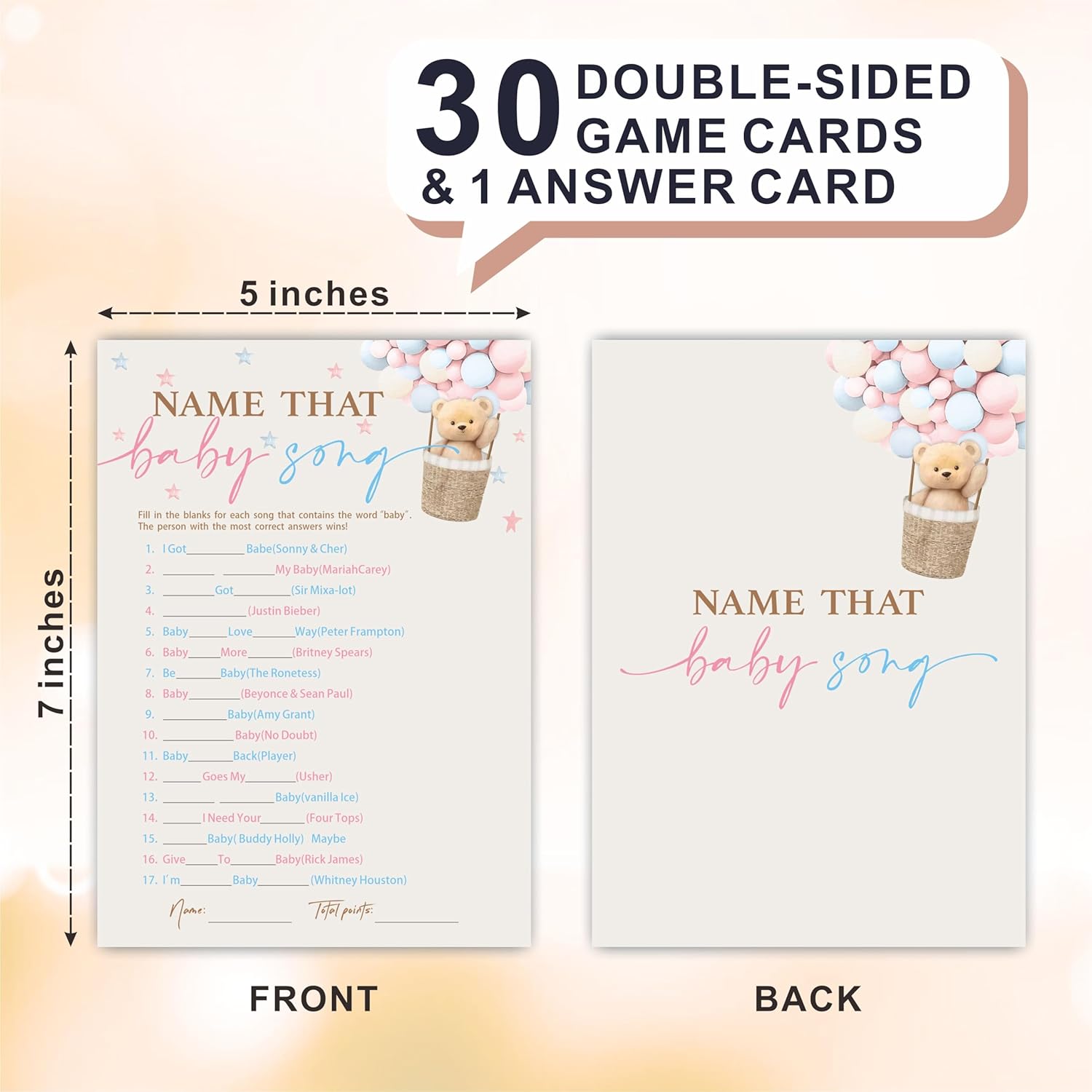 30 Name That Baby Song - Bear Hot Air Balloon Game Cards For Baby Shower Game & Activity - Bear Double-Sided Fill In Style Game Cards, Gender Neutral?Baby Shower Party Decorations - C04