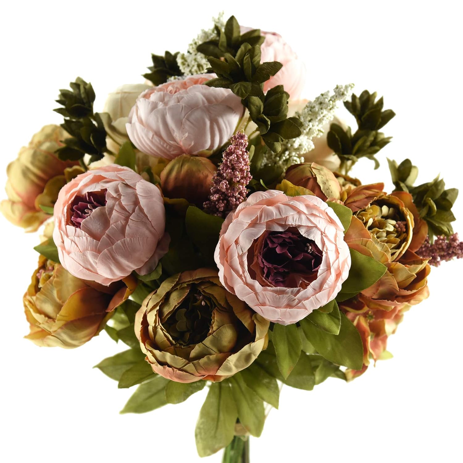 FiveSeasonStuff Artificial Peony Bouquets, 2 Silk Flower Bundles in Mixed Pale Pink & Tawny Brown with Hydrangeas for Wedding Centerpieces & Home Decor
