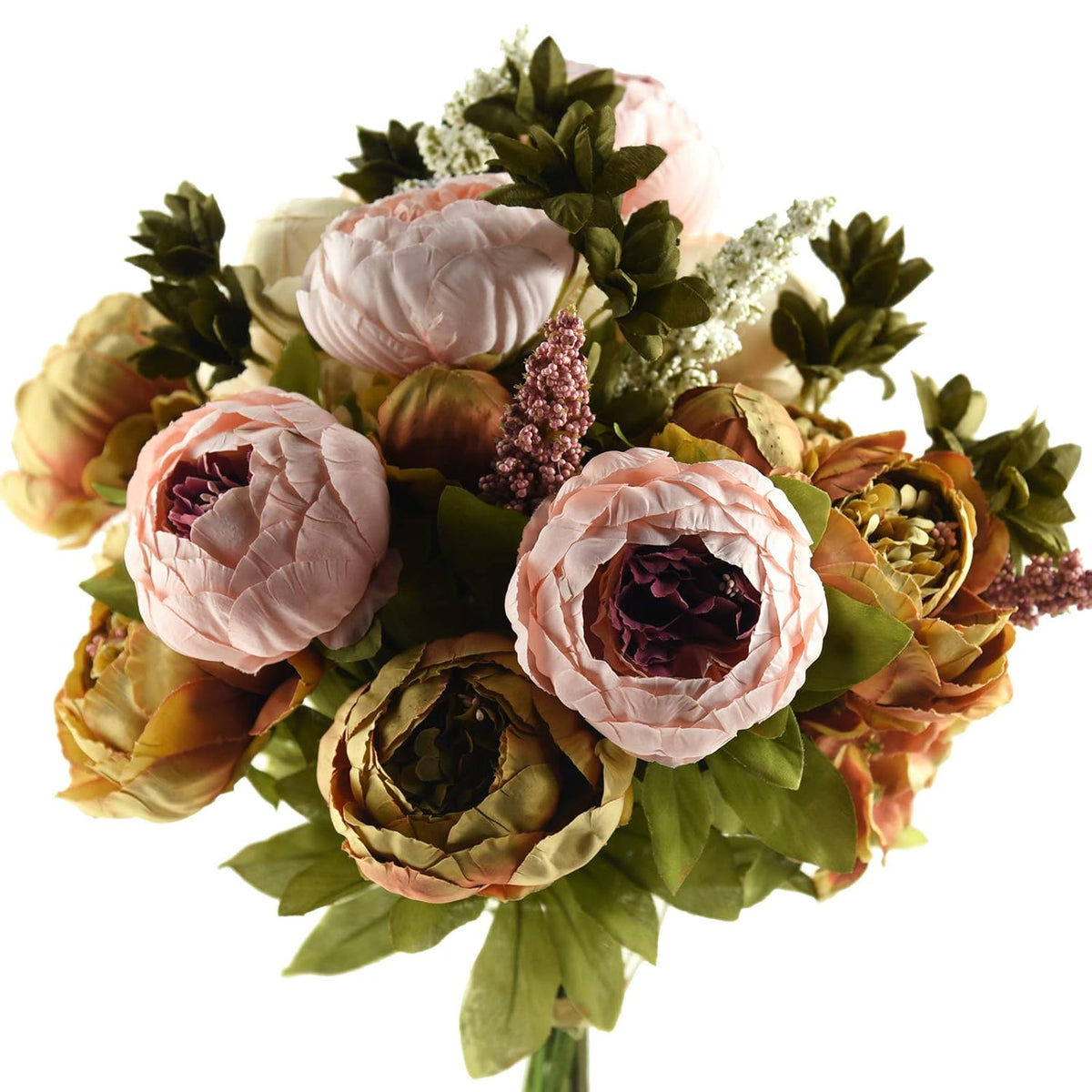 FiveSeasonStuff Artificial Peony Bouquets, 2 Silk Flower Bundles in Mixed Pale Pink & Tawny Brown with Hydrangeas for Wedding Centerpieces & Home Decor