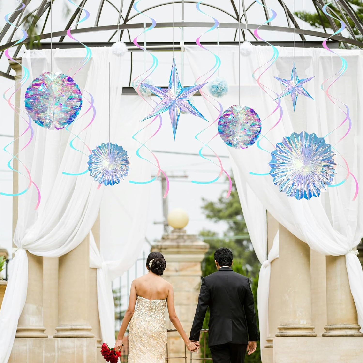 12 Pcs Iridescent Party Decoration,Hanging Honeycomb,Decorative Iridescent Foil Fan,Shiny Star, Hanging Rainbow Swirl For Wedding,Christmas,Baby Shower Frozen,Mermaid Themed Birthday Party Supplies