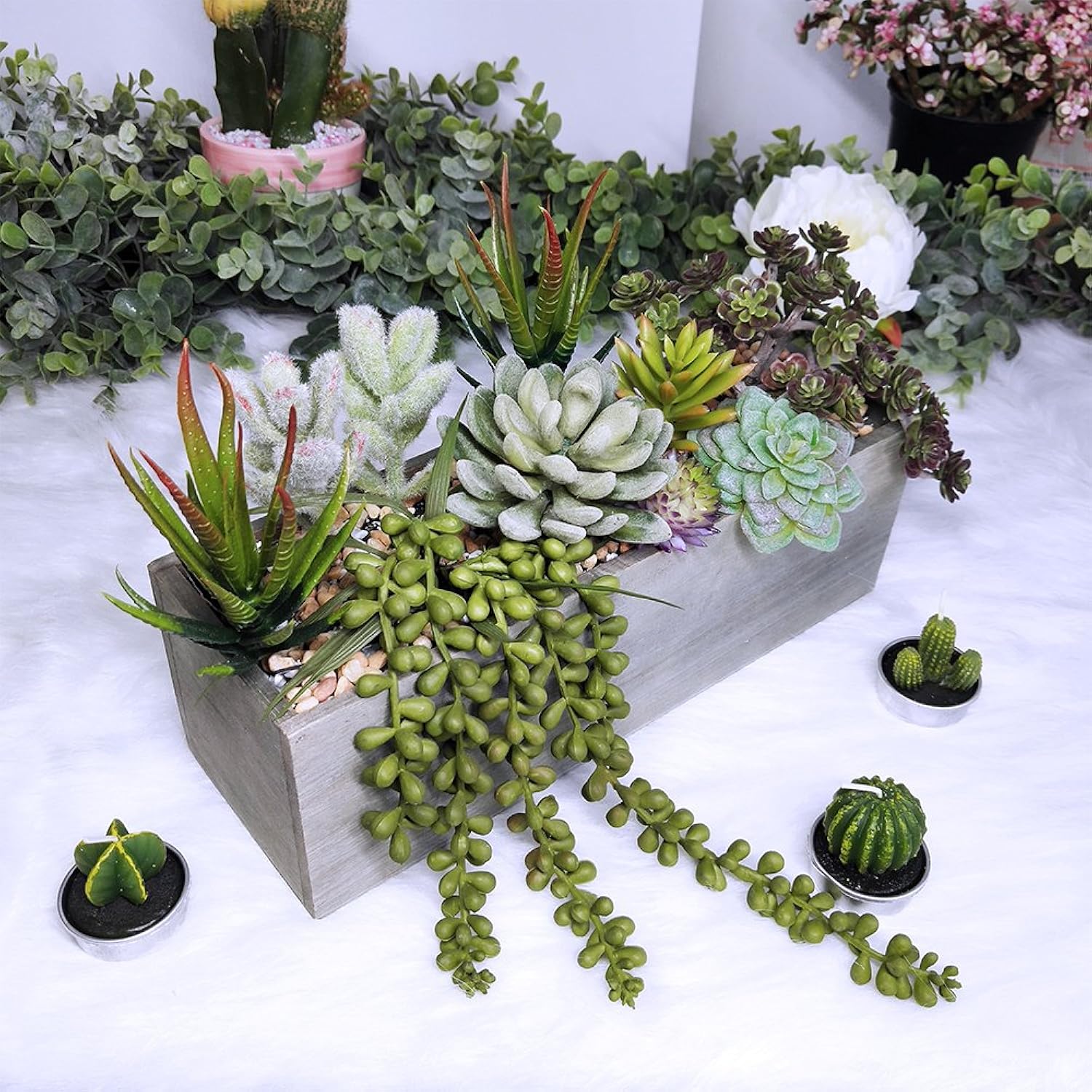Artificial Potted Succulents Plants Arrangement Fake Succulent Plants In Rectangular Wooden Pot Arrangement For Table Centerpiece Windowsill Greenery Decor