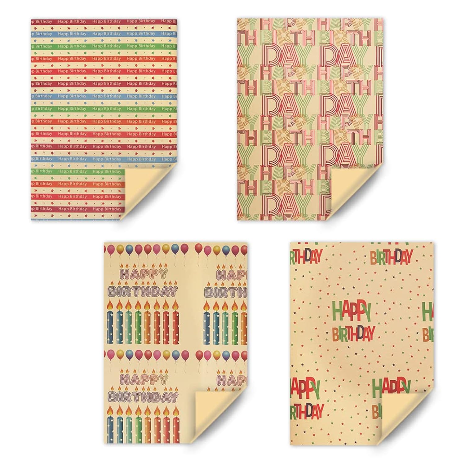 Kraft Colorful Happy Birthday Wrapping Paper For Men Women Boys Girls Kids, 4 Sheets In 4 Designs Folded Flat 20X28 Inches Per Sheet For Birthday Party, Gift Wrapping, Crafts & More