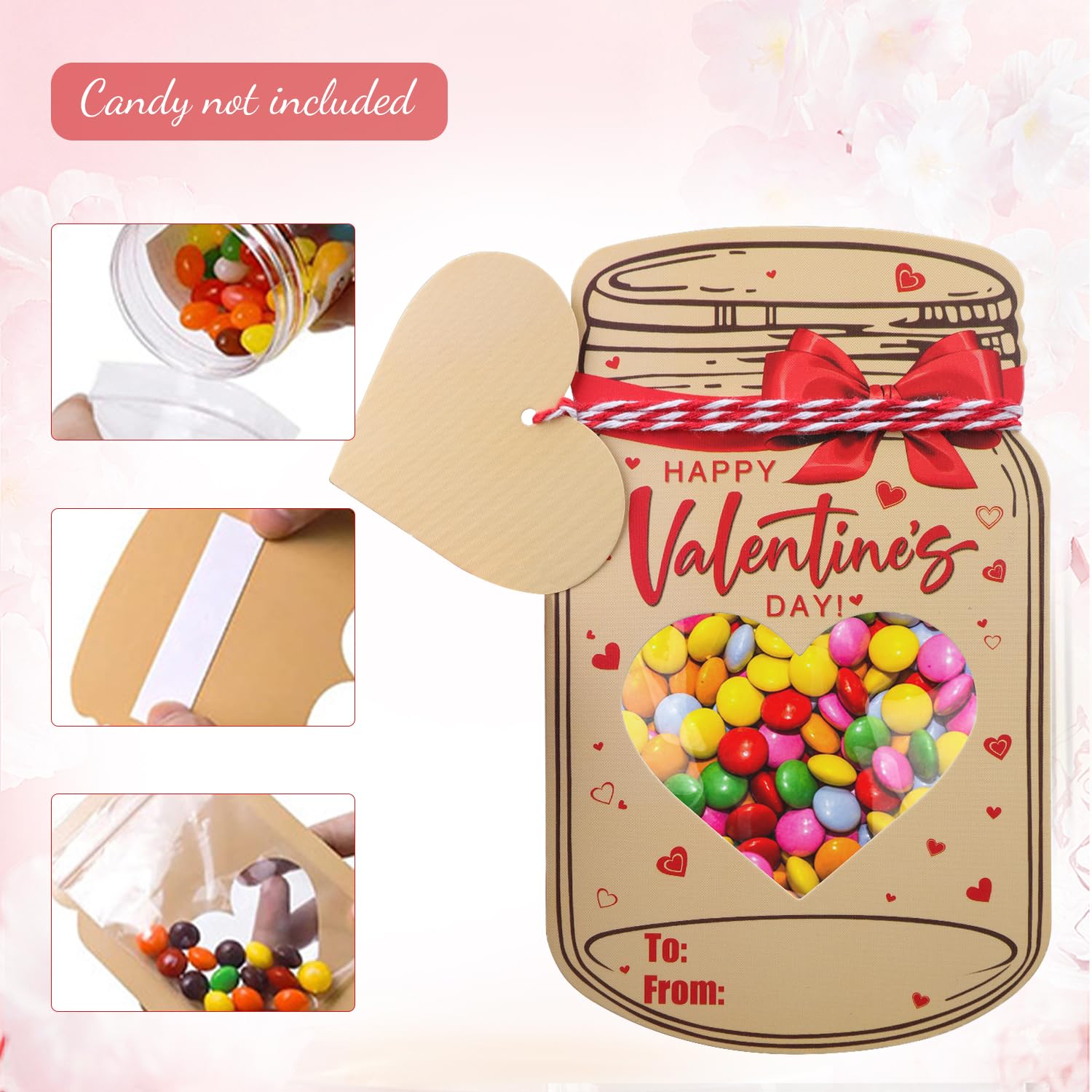 48Pcs Valentines Cards For Kids Mason Jar Happy Valentines Day Cards Candy Holder Card Bulk Valentine Candy Bag Jar Valentine'S Day Paper Jar For Classroom Exchange Party Favors(Candy Not Included)