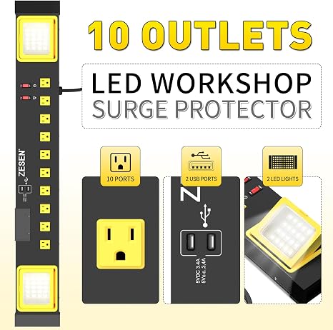 Heavy Duty Metal Power Strip 10 Outlets with LED Work Light Black