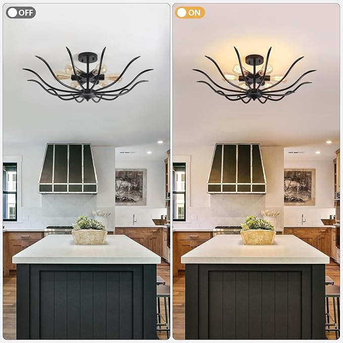 31.5 Inch Black Farmhouse Chandelier 6 Light Semi Flush Mount Ceiling Fixture