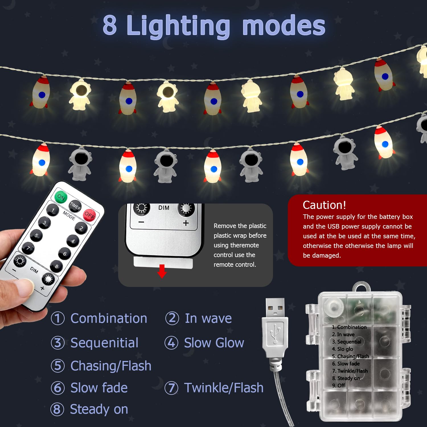 20 Led Space String Lights, Magical Rocket And Astronaut Decor | Usb&Battery Powered For Children'S/Kids' Rooms, Party,
