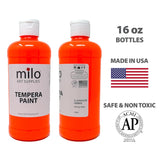 milo Fluorescent Neon Washable Paint | 16 oz Bottles 6 Colors | Made in the USA | Glows UV in Black Light | Safe & Non-Toxic Tempera Paint for Arts & Crafts, Poster, Window, Classroom, School, Project