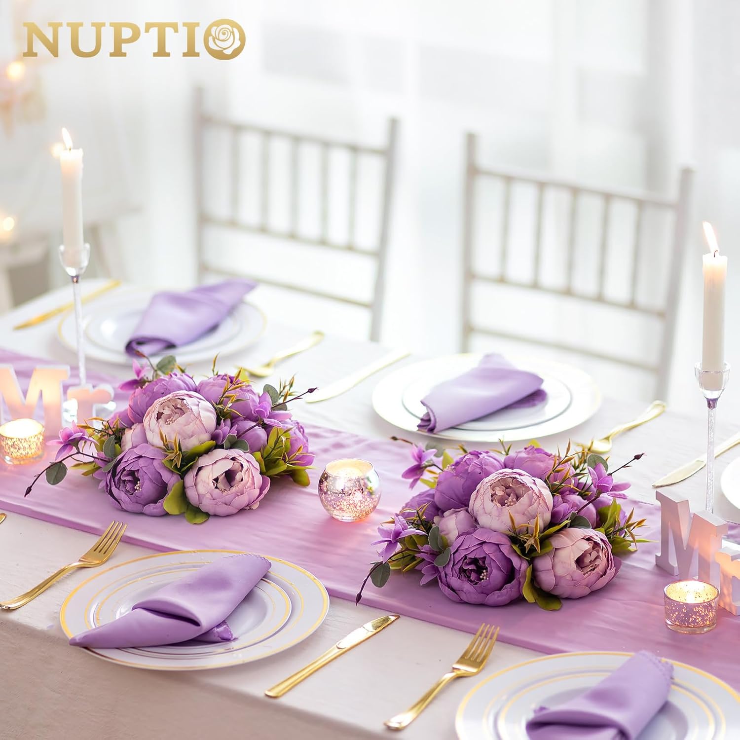 Peony Artificial Flowers For Centerpieces: 2 Pcs 9.4 Inch Diam Purple Faux Peony Flowers Fake Flower Balls Arrangement Bouquet Wedding Centerpieces For Tables Wedding Centerpiece Decorations