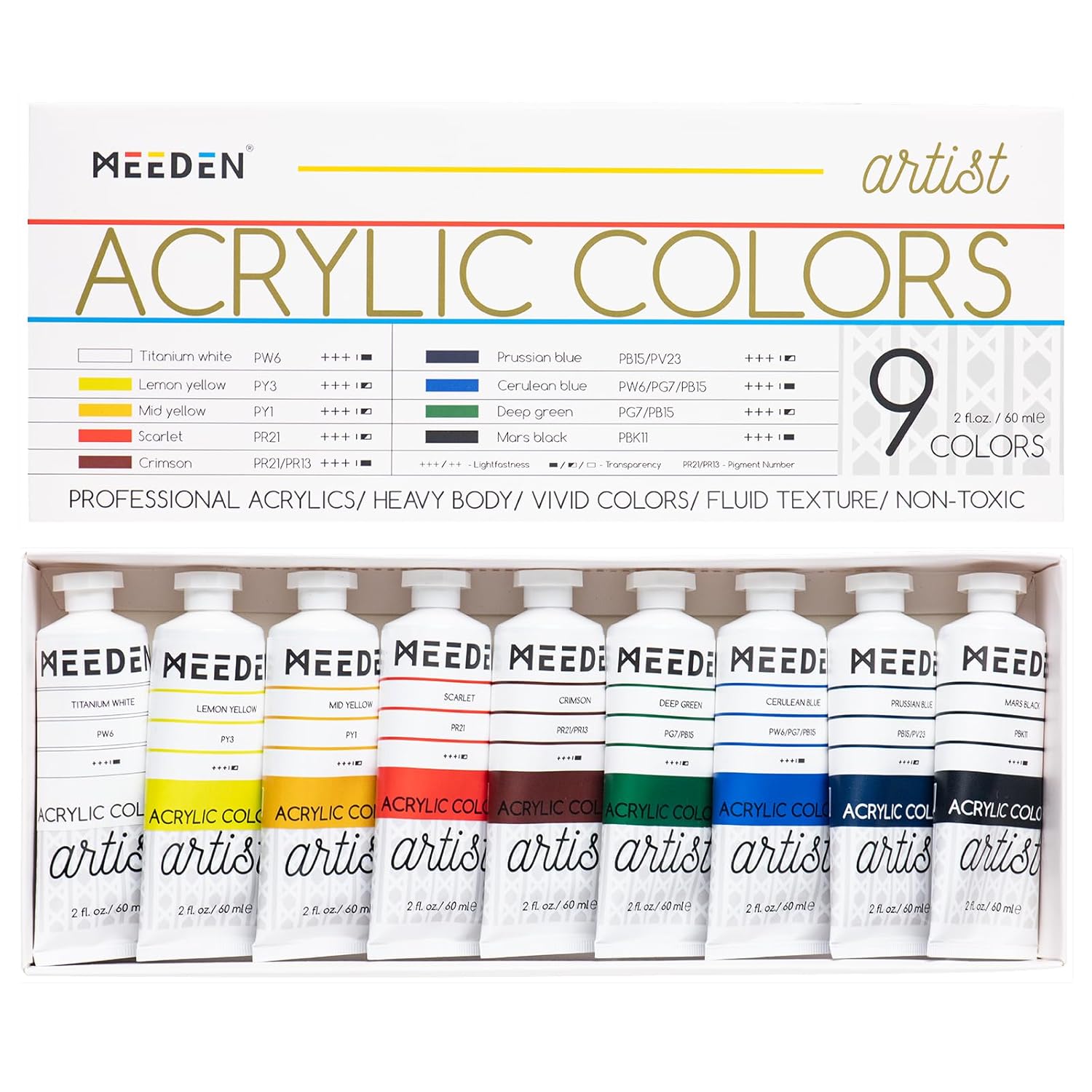 Artist Acrylic Paint Set - 60Ml/ 2Oz*9 Heavy Body Acrylic Paint Tubes - Art Supplies For Canvas Painting