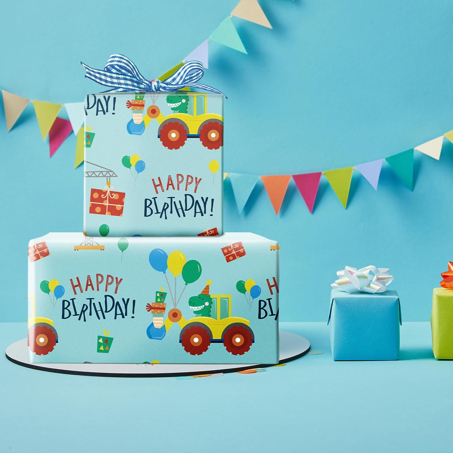 Birthday Wrapping Paper For Kids Boys, Mini Roll, Blue Dinosaur Truck With Balloons Happy Birthday Design Gift Wrap Paper Perfect For Boys' Party Gifts, 17 Inches X 16.4 Feet
