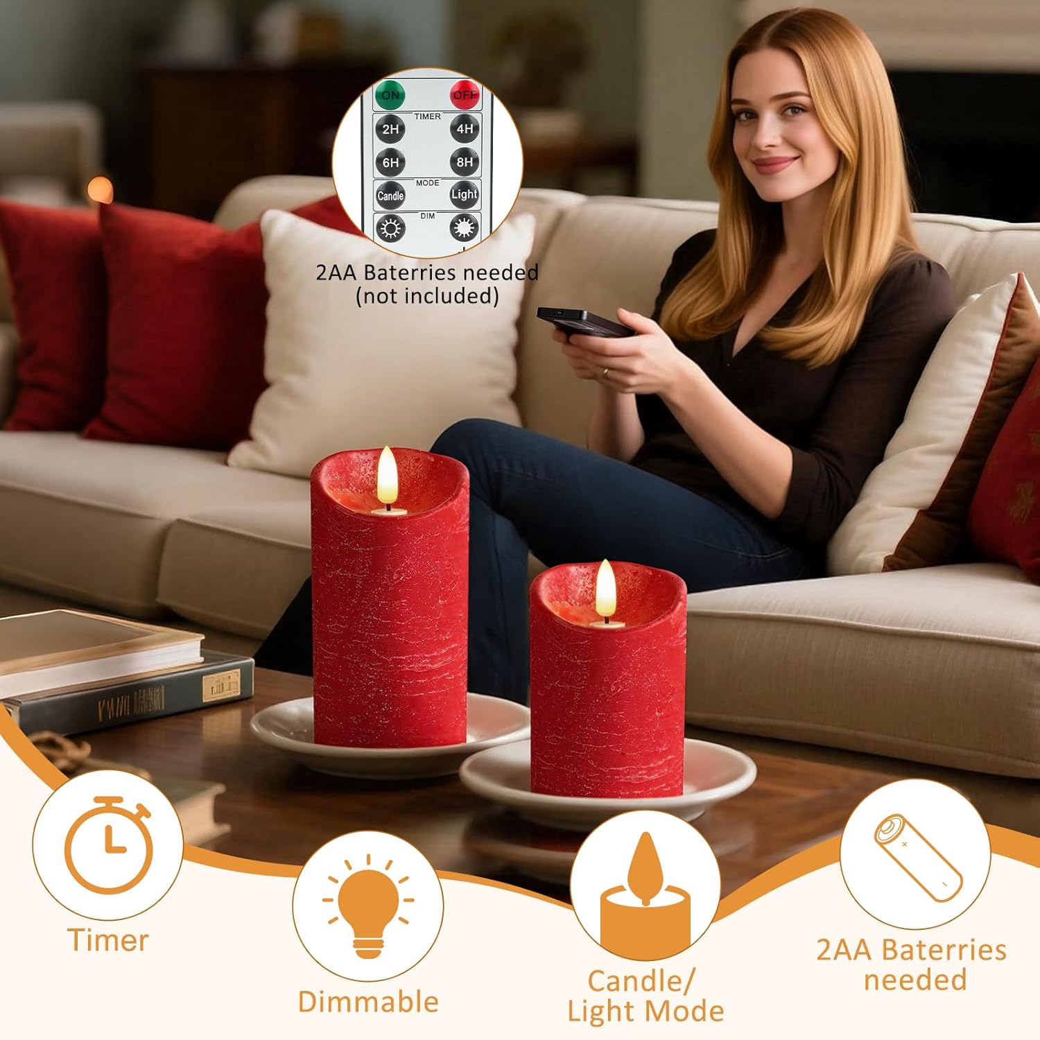 Flameless Candles, Battery Operated Led Lights Candle 3 Pack, Christmas Decorations Home Decor, Flickering Light White Pillar Candles With Real Wax Remote Control Timer. 3X3, 3X4, 3X5 Inches, Red