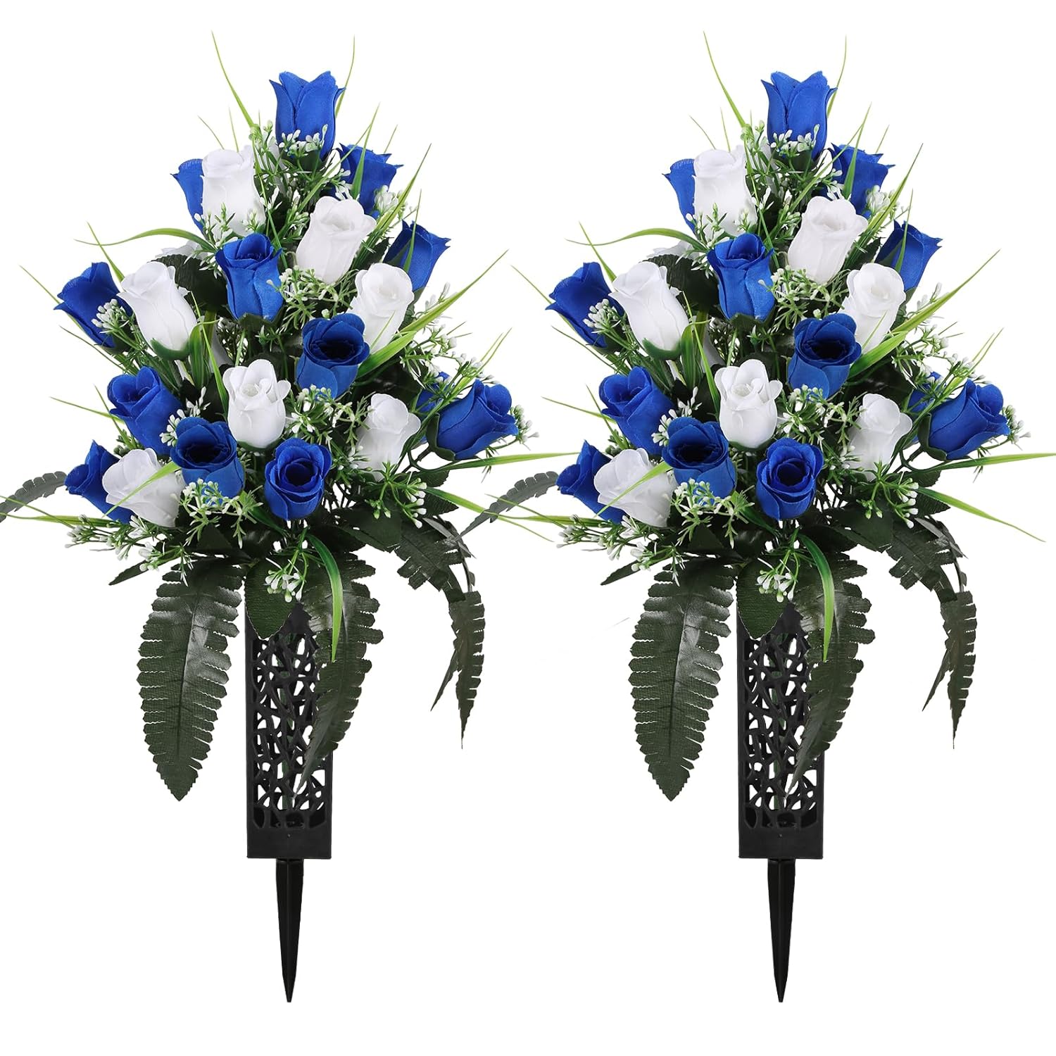 2 Sets Artificial Cemetery Flowers Grave Flowers With Vase, Gravesite Memorial Flowers For Cemetery Lasting And Non-Bleed Colors(White+Blue)