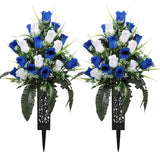 2 Sets Artificial Cemetery Flowers Grave Flowers With Vase, Gravesite Memorial Flowers For Cemetery Lasting And Non-Bleed Colors(White+Blue)