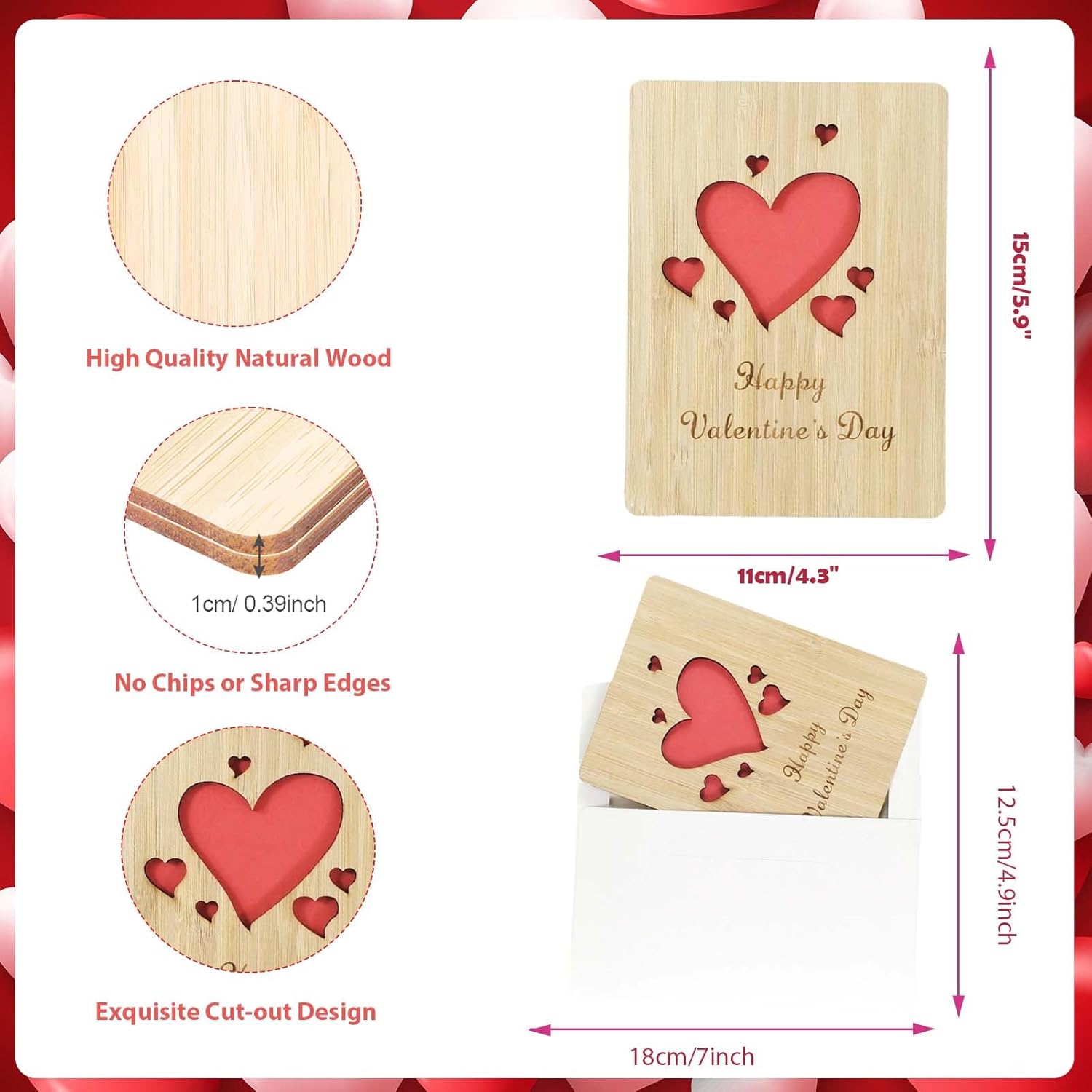 Valentine'S Day Greeting Card Handmade Wooden(With Envelope), Happy Valentine'S Day Red Love Heart, For Girlfriend Boyfriend Wife Husband Mum Dad Valentine'S Day Gifts Card