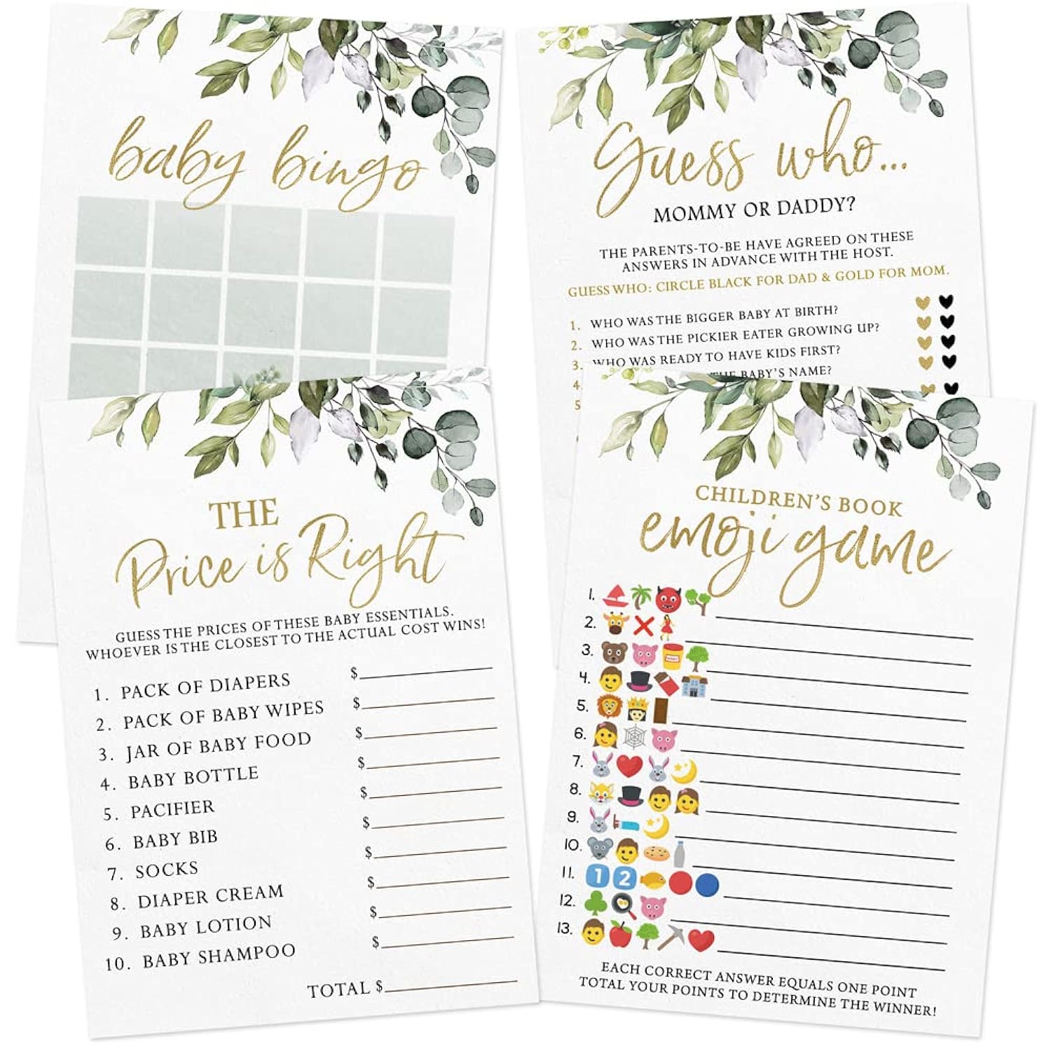 Baby Shower Games For Boy Or Girl – 4 Games And Activities, Botanical Greenery Theme, 30 Guests