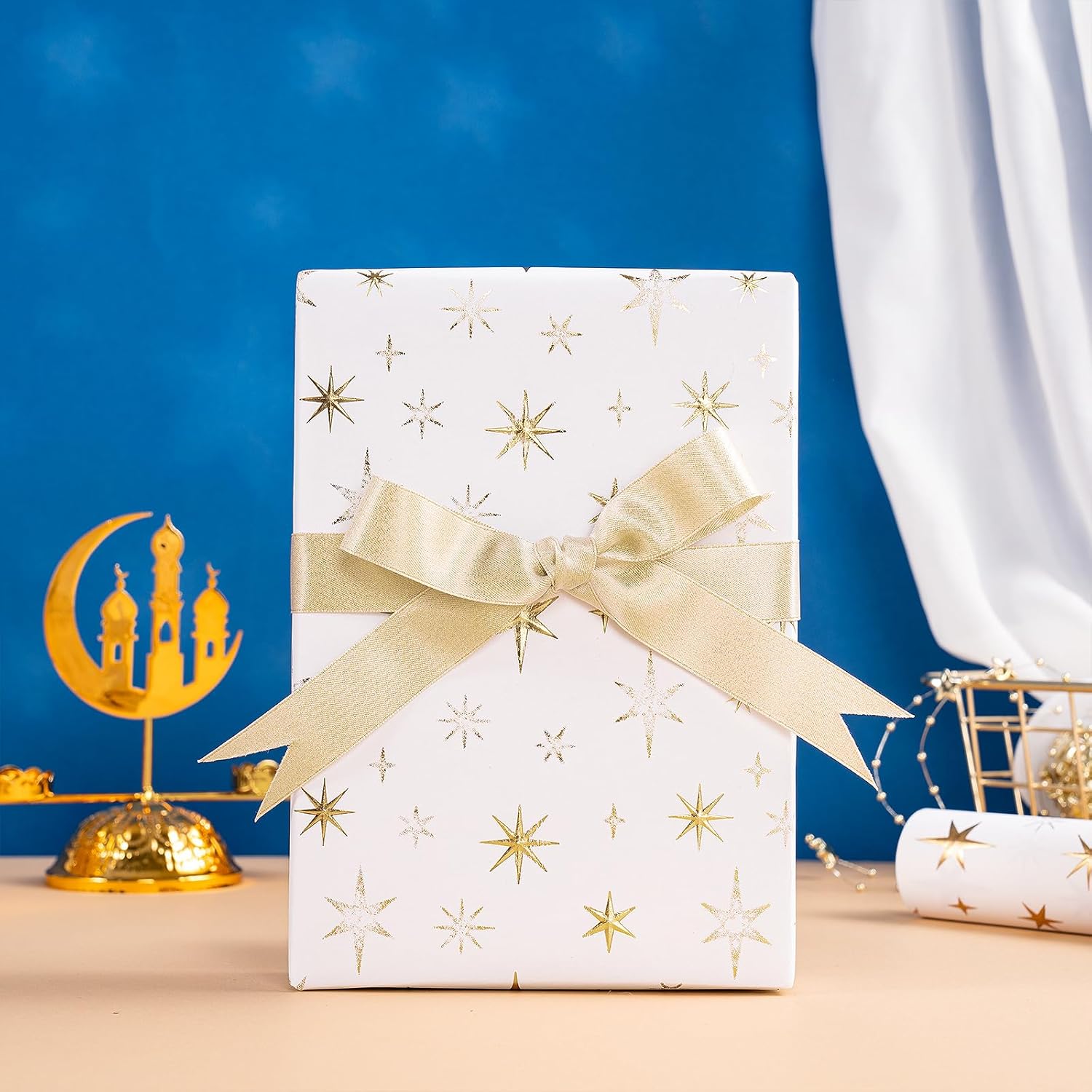 Eid Wrapping Paper Roll, Mini Roll, White And Gold 3D Embossed Foil Star Design, White Kraft Gift Wrap Paper For Ramadan, Birthday, Wedding, Baby Shower, Holiday, 17 Inches X 16.4 Feet