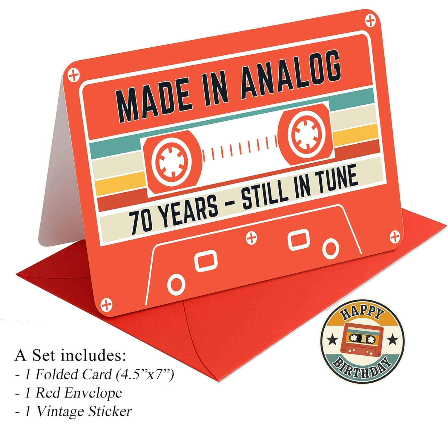 70Th Birthday Gift – Retro Cassette Tape Design – Made In Analog, Still In Tune – 70 Year Old Greeting Card For Him Or Her – 4.5X7Inch With Red Envelope, Sticker