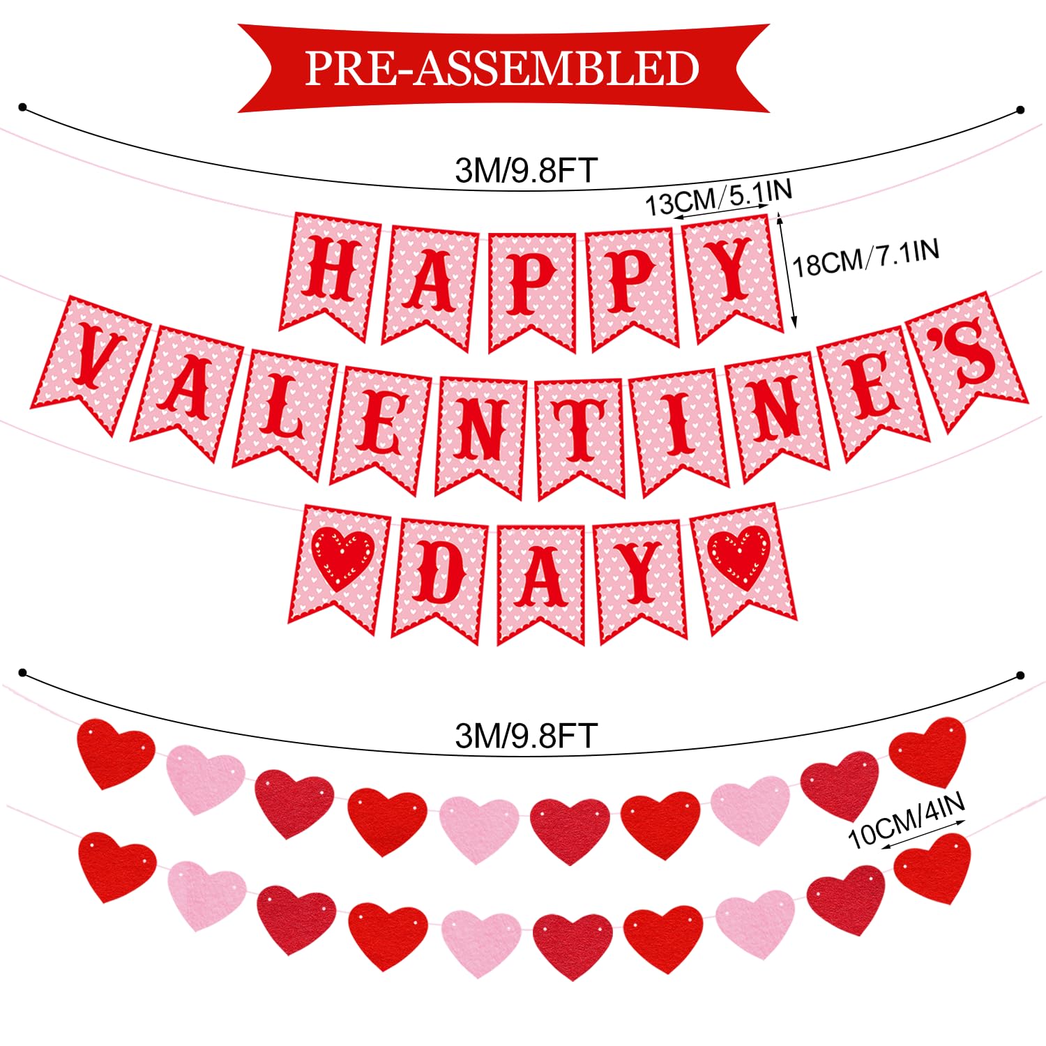 Valentines Day Decorations Set Happy Valentine'S Day Banner Felt Heart Garland Banner Red Pink Hanging Heart Honeycomb Glitter Hanging Swirls For Valentines Day Party Supplies Home Wedding Decor