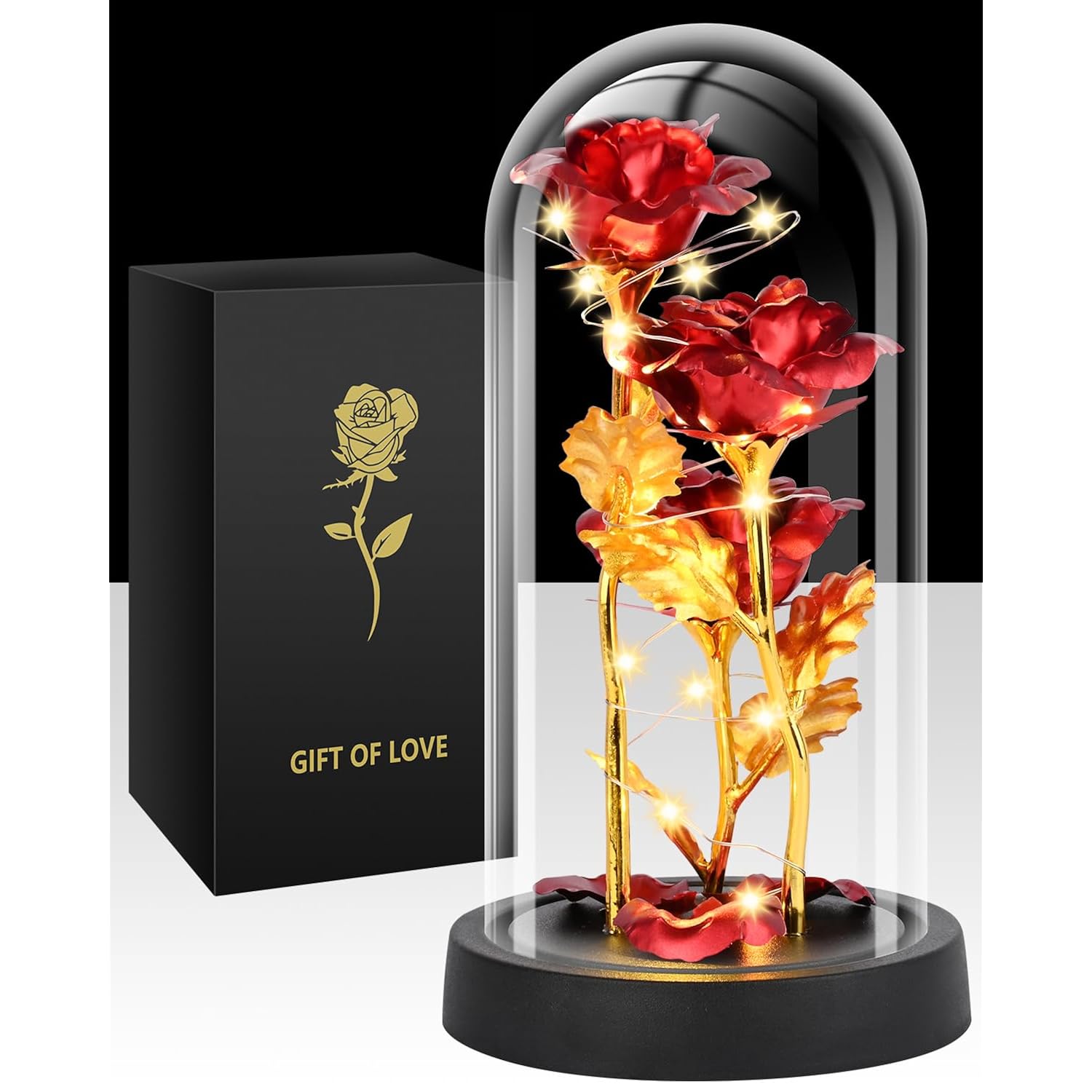 Valentines Day Rose Gifts For Her, Womens Gift For Birthday Gifts For Women Mom Wife Girlfriend, Light Up Rose In A Glass Dome, Rose Gifts For Valentines, Mothers Day, Womens Day (Red)