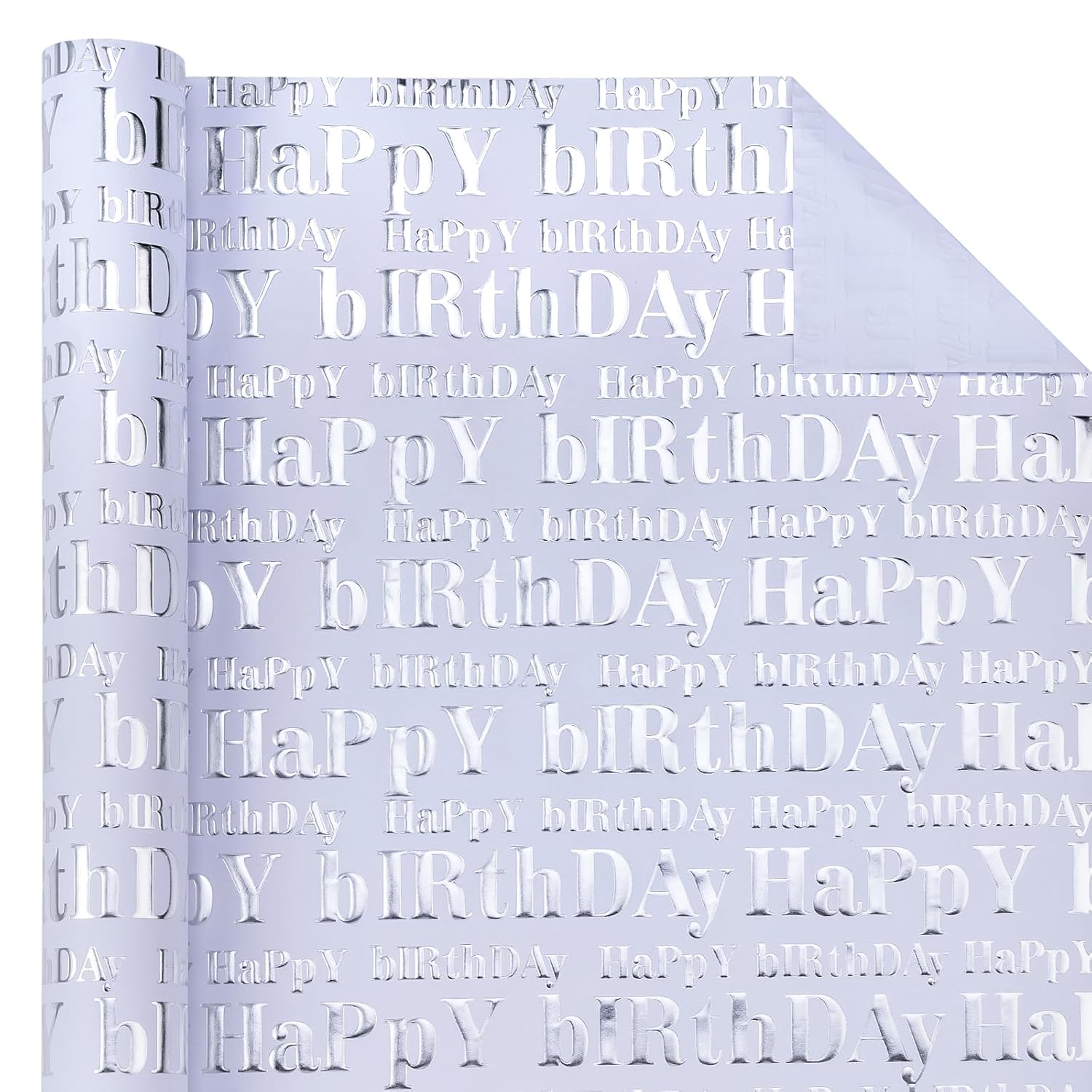 3D Kraft Birthday Wrapping Paper Roll - Mini Roll - 17 Inch X 16.5 Feet - Silver And White Happy Birthday Lettering Design With Embossed Perfect For Holiday, Party Celebration