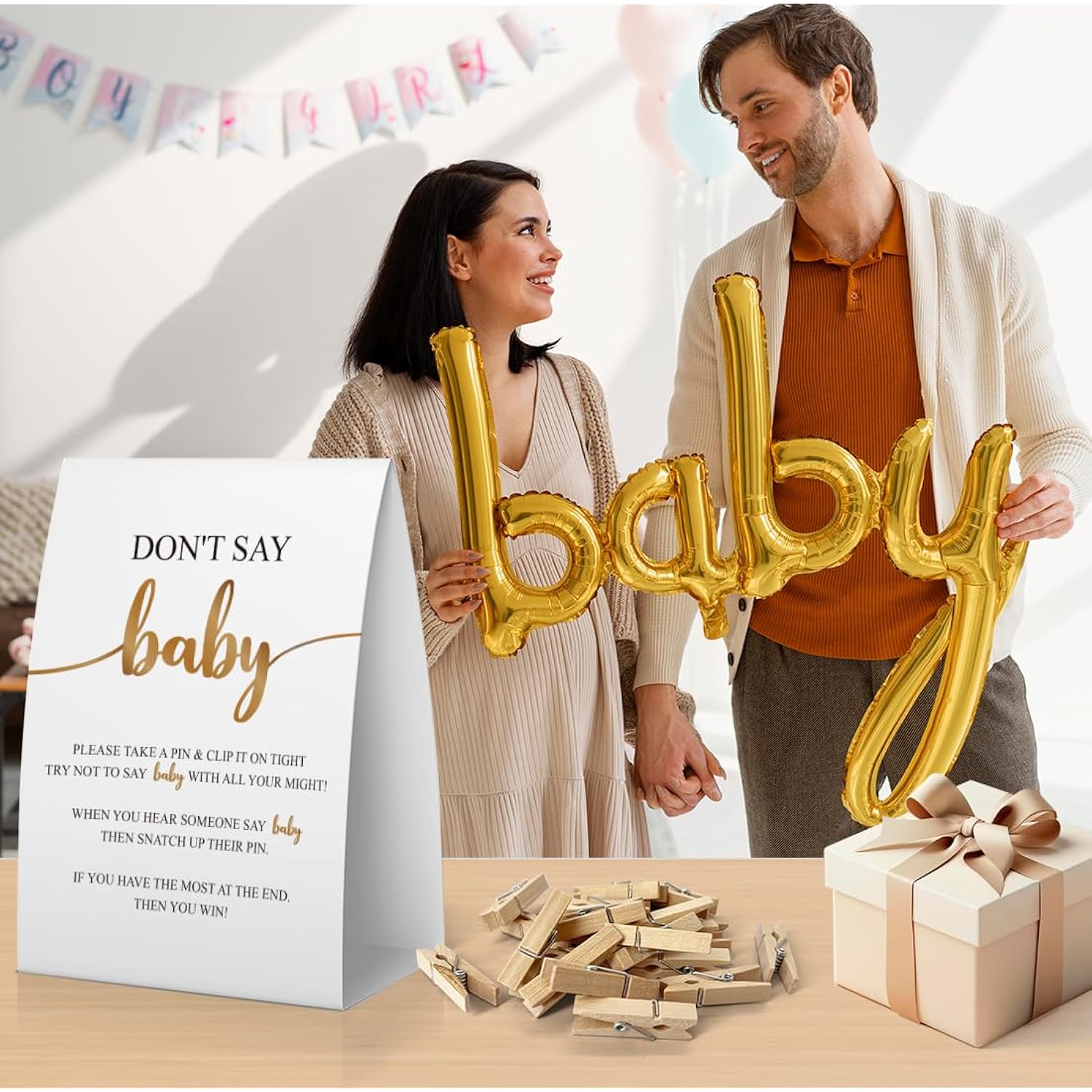 Don'T Say Baby Baby Shower Game, Baby Shower Decorations, Gold & Black Don'T Say Baby Sign, Fun Baby Shower Games, Clothespins For Baby Shower-Dsba32