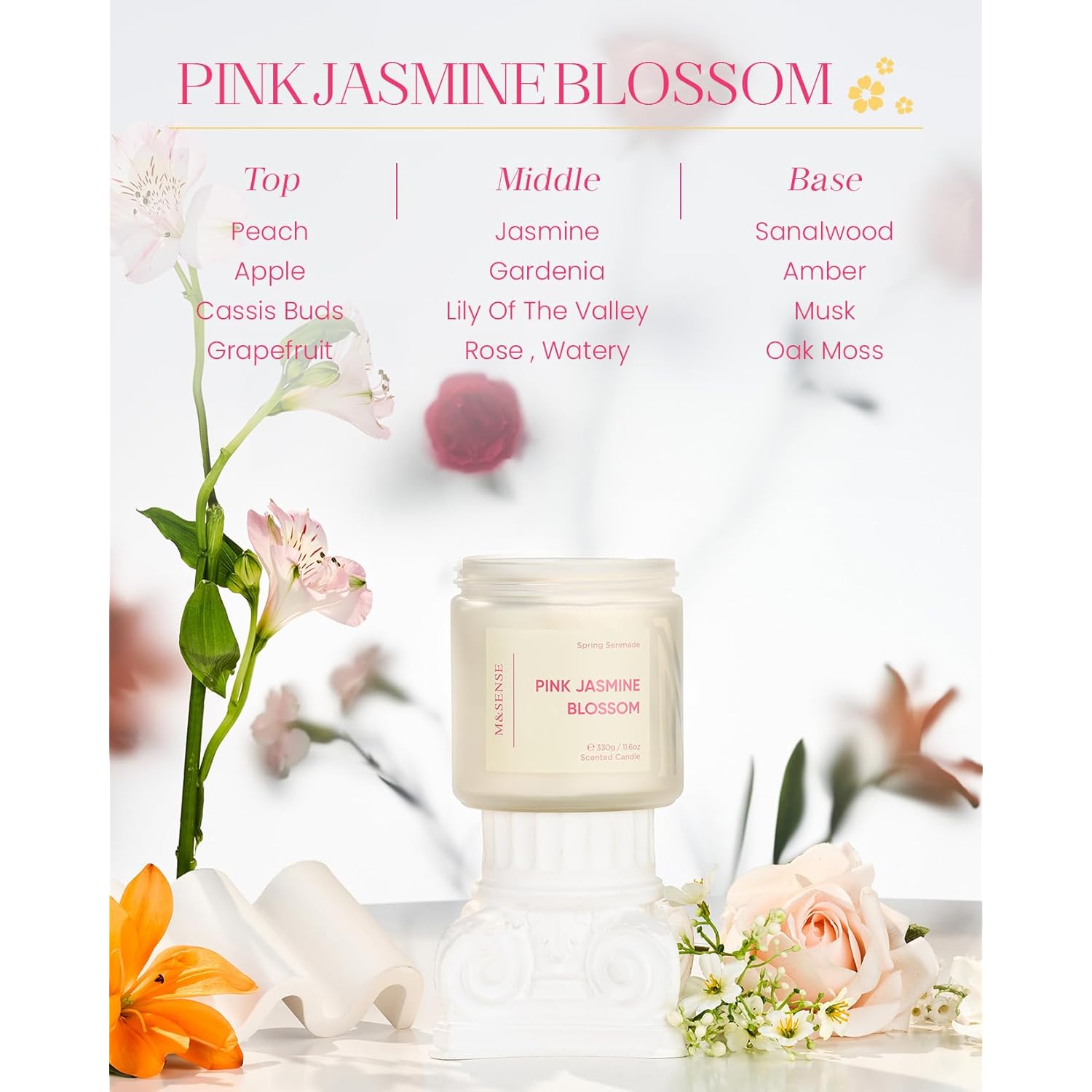 Pink Jasmine Rose Scented Candle - 11.6Oz Natural Soy Wax 70-Hour Long Lasting Burn Time, 2-Wick Spring Non-Toxic Romantic Candle For Home Decor Flower Scent Gifts For Her Him