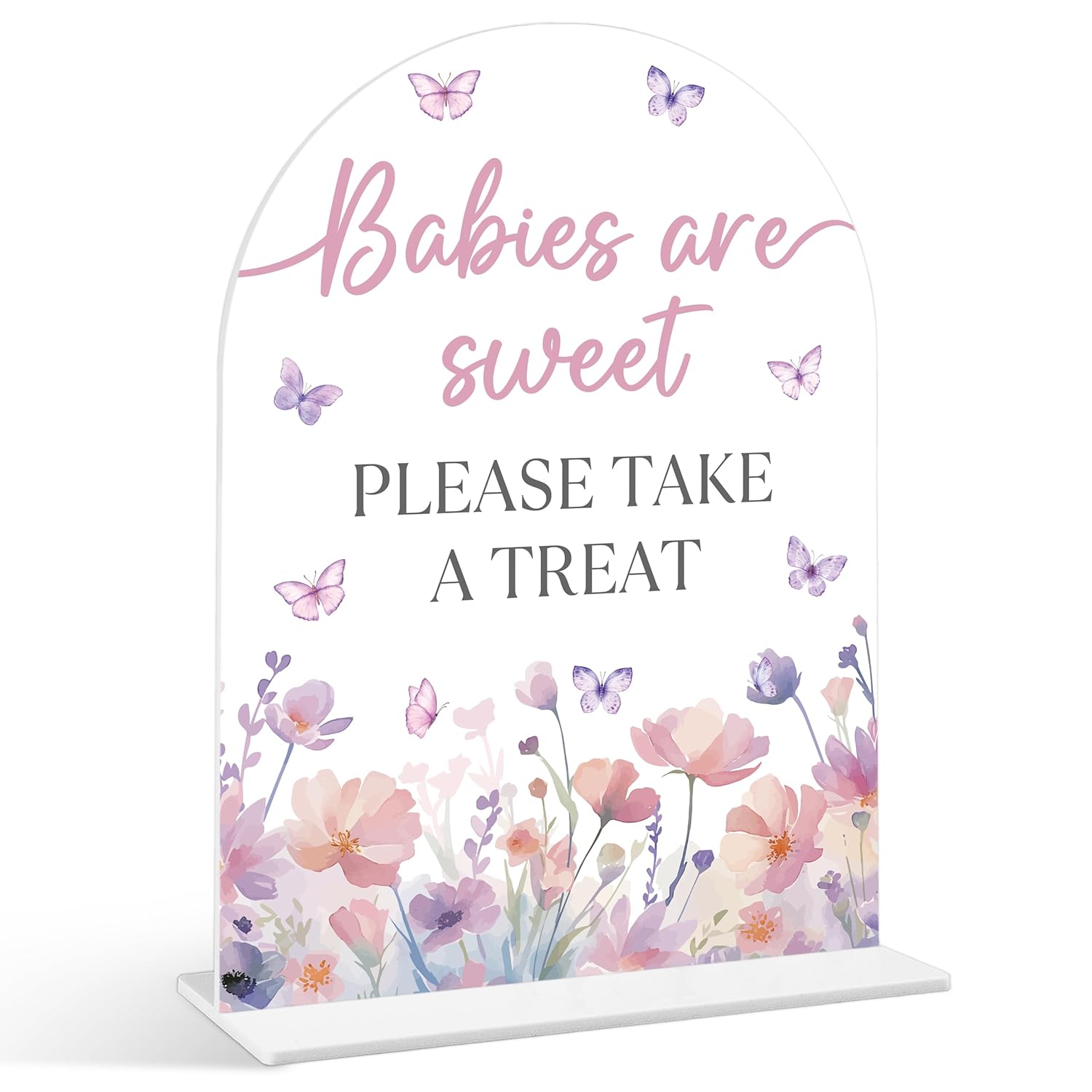 Babies Are Sweet Please Take A Treat Sign - Butterfly Baby Shower Sign, 1 Pack Arch Acrylic Sign With Stand, Gender Reveal Party Table Decor, Purple Butterfly Baby Shower Supplies (Se08)