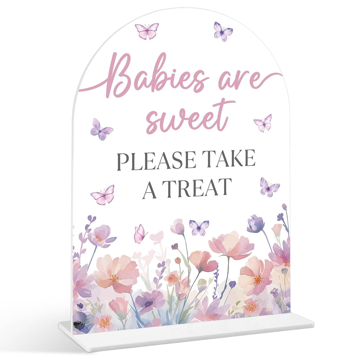 Babies Are Sweet Please Take A Treat Sign - Butterfly Baby Shower Sign, 1 Pack Arch Acrylic Sign With Stand, Gender Reveal Party Table Decor, Purple Butterfly Baby Shower Supplies (Se08)
