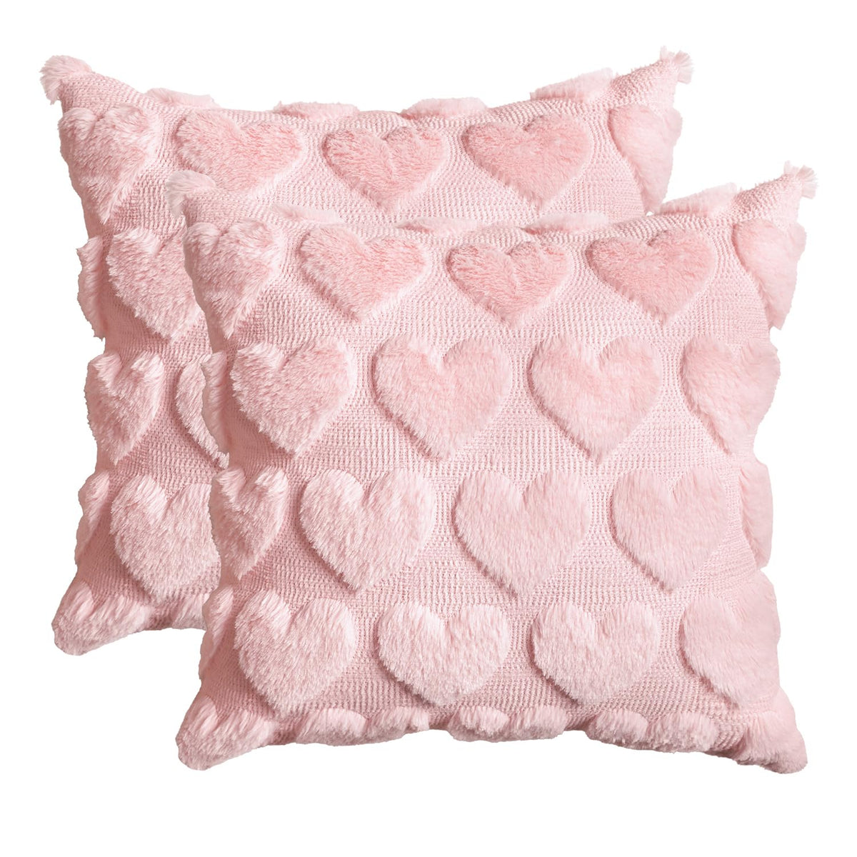 Valentine'S Day Love Heart Pink Throw Pillow Covers Set Of 2, 18 X 18 Inch Anniversary Wedding Home Decor Soft Plush Faux Fur Jacquard Cushion Case For Sofa Couch