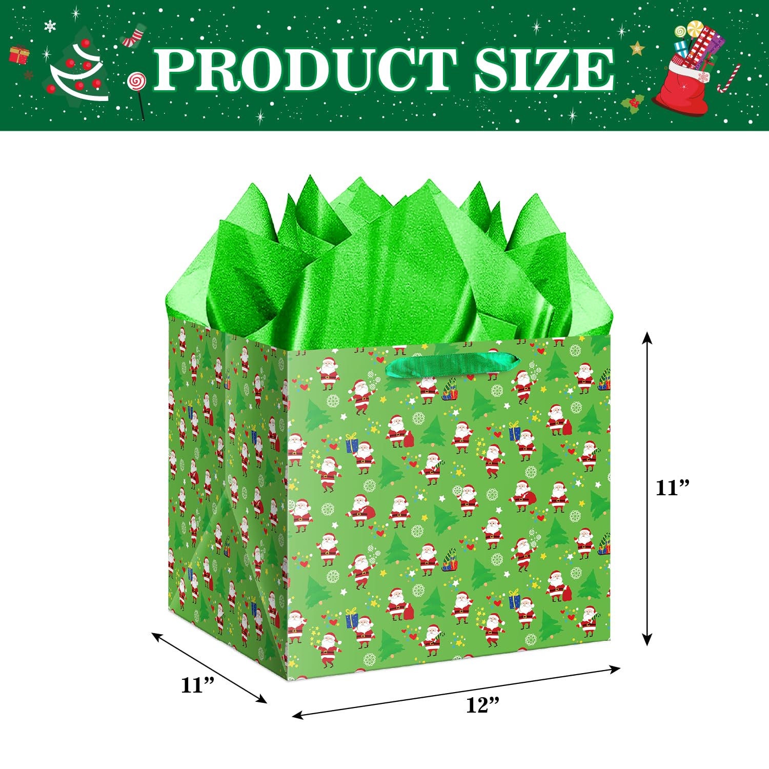 Extra Large Christmas Gift Bag With Tissue Paper, 11.8" Square Green Christmas Santa Claus Design Paper Bags With Handles For Xmas Holiday Presents Wrapping.