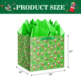 Extra Large Christmas Gift Bag With Tissue Paper, 11.8" Square Green Christmas Santa Claus Design Paper Bags With Handles For Xmas Holiday Presents Wrapping.