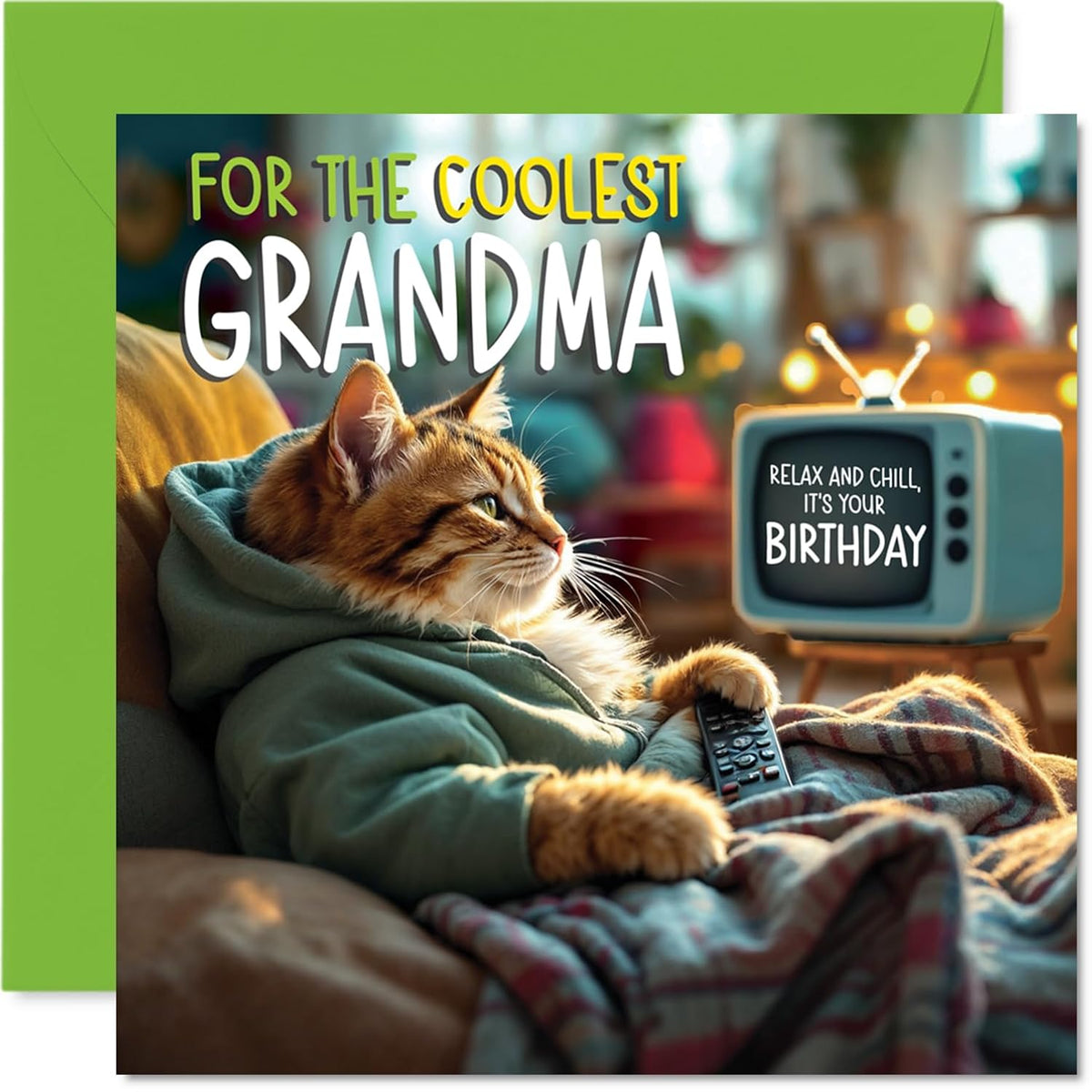 Grandma Birthday Card - Tv Cat - Happy Birthday Card For Grandma From Grandson Granddaughter, 5.7 Inch Cat Celebration Bday Greeting Cards