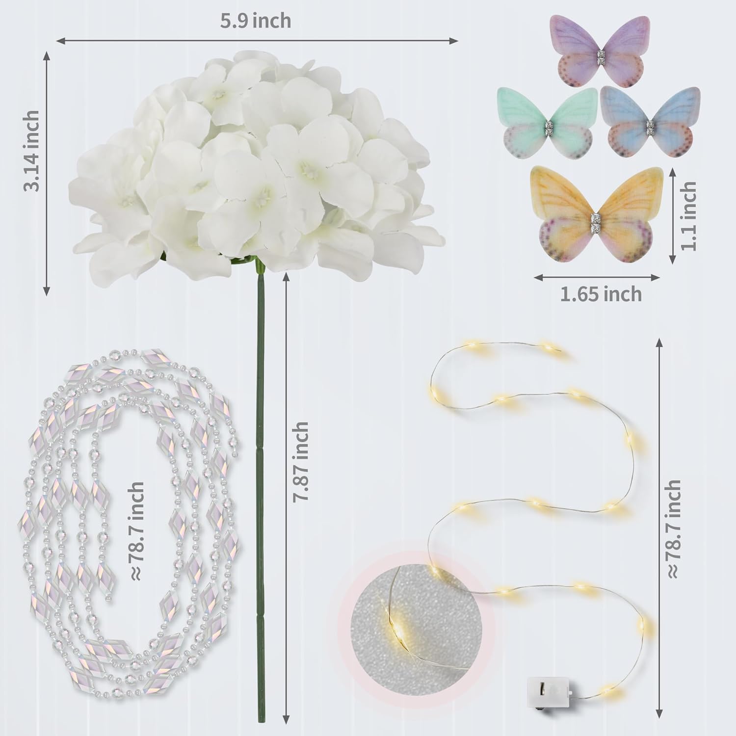 64Pcs Artificial Hydrangea Flowers With Stems, Silk Hydrangea Heads With Led Decorative Lights, Crystal Strings & Butterfly Accents For Wedding Centerpieces And Home Decor(64, Ivory)