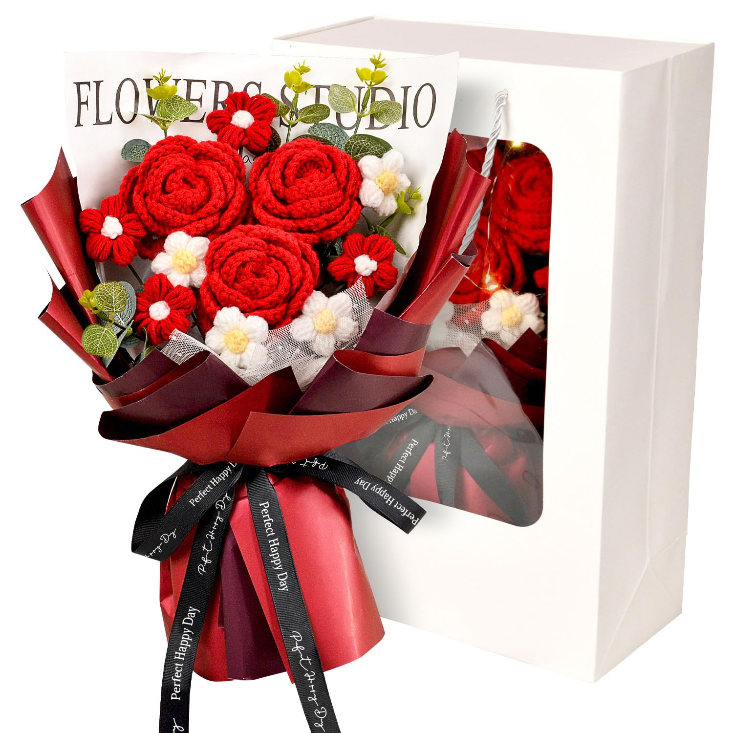 Crochet Flowers Bouquet, Crochet Roses Knitted Flower Bouquet For Valentine'S Day, Mother'S Day, For Girlfriend, Wife, Lover, Mom, Red
