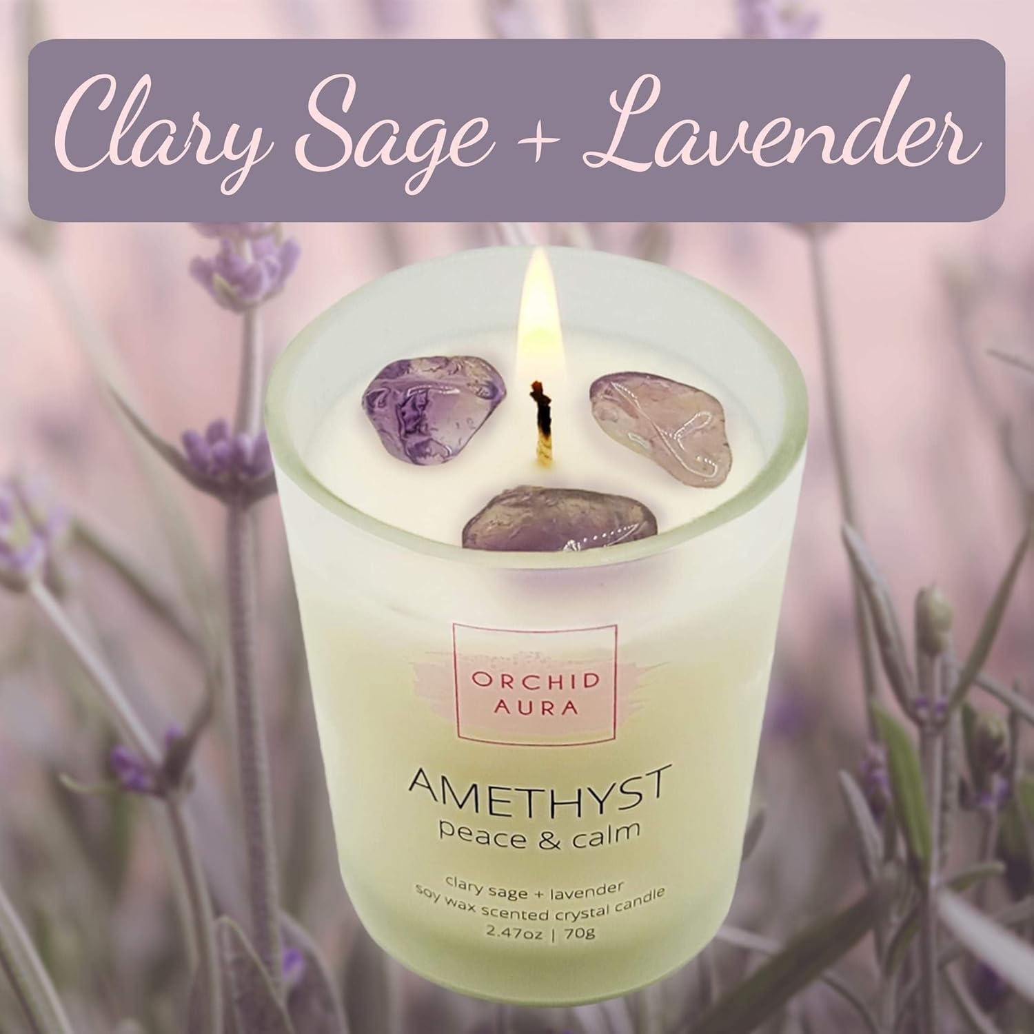 Soy Candles With Healing Crystals. Citrine, Rose Quartz, Amethyst Crystal. Eucalyptus + Lemongrass, Jasmine + Sandalwood, Clary Sage + Lavender. 3Pc Scented Candle Set, 2.47Oz Each