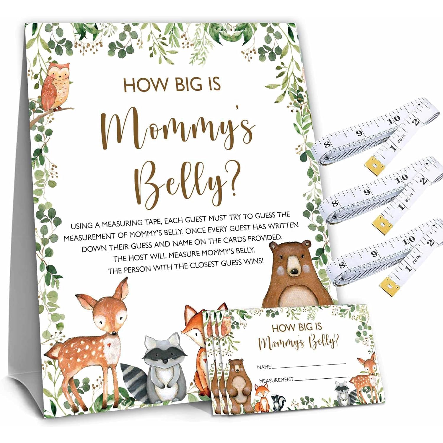 Woodland How Big Is Mommy'S Belly Forest Animals Baby Shower Gender Neutral Game Includes 5.6" X 7" Standing Sign And 50 Guessing Cards, 3 Rolls 60" Measuring Tape