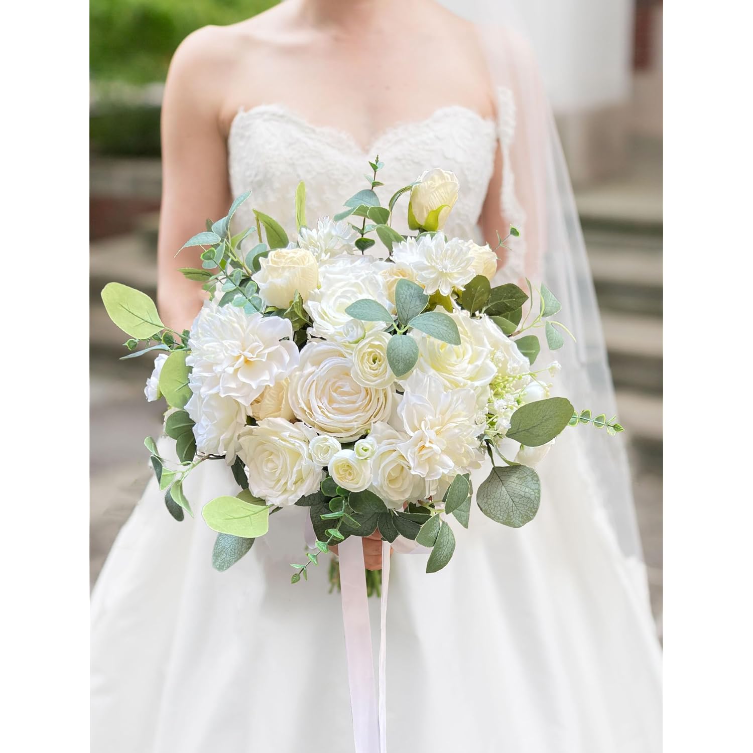 White Bridal Wedding Bouquet, Artificial Flowers Bridal Cascading Bouquets For Boho Rustic Wedding And Wedding Ceremony, Anniversary