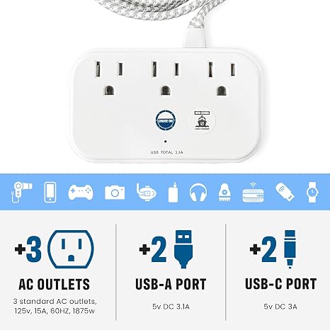 Cruise Approved Travel Power Strip 3 Outlets 4 USB Ports 2 USB C 3.3FT Extension Cord White