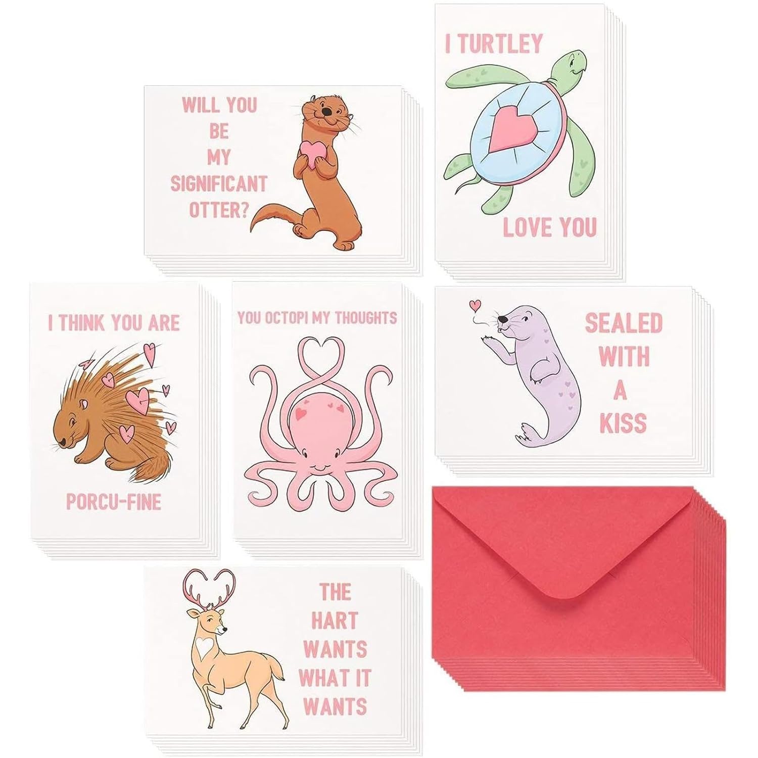 Animal Pun Valentines Cards - 48-Pack, 4 X 6 In - Greeting Card Pack With Envelopes & Funny Love Notes