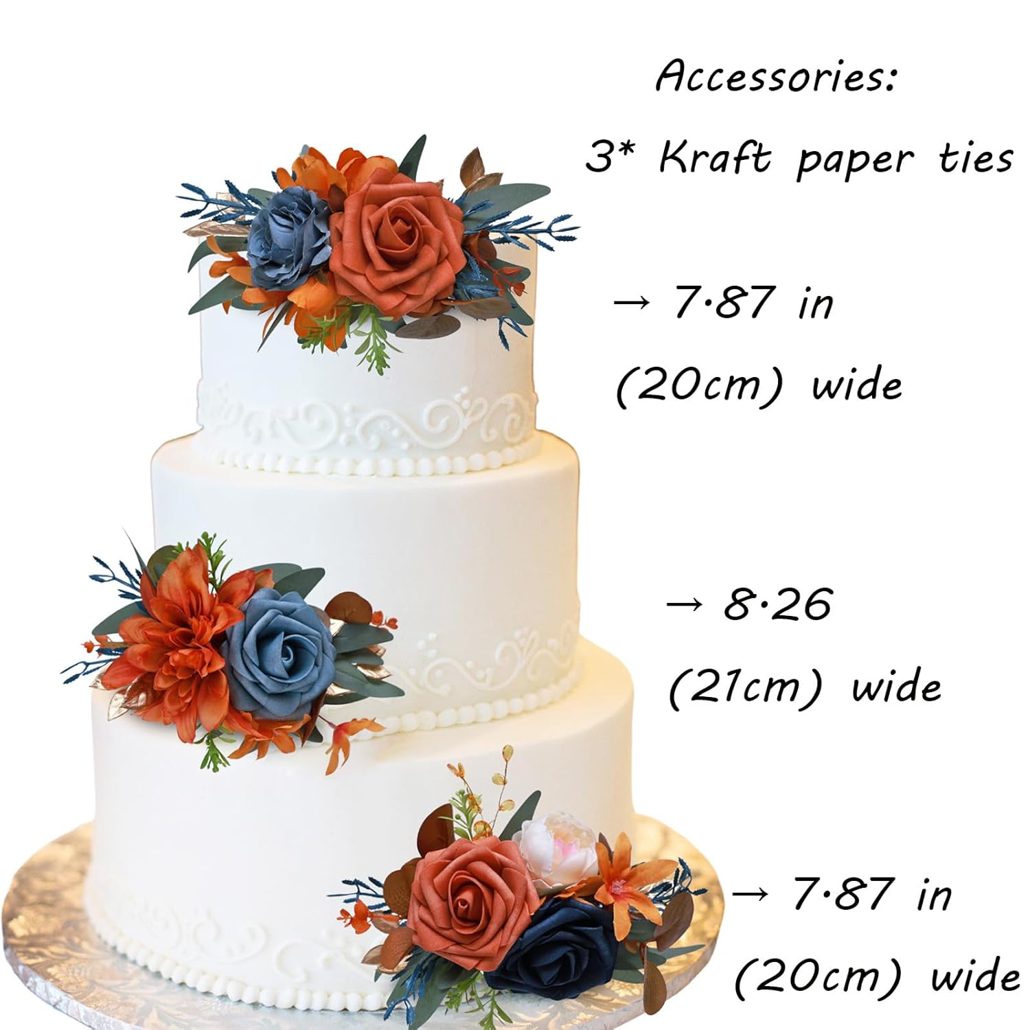 3Pcs Cake Topper Set, Wedding Artificial Flowers Decor Burnt Orange-Blue, Perfect For Wedding Ceremony, Anniversary, Parties & Photography