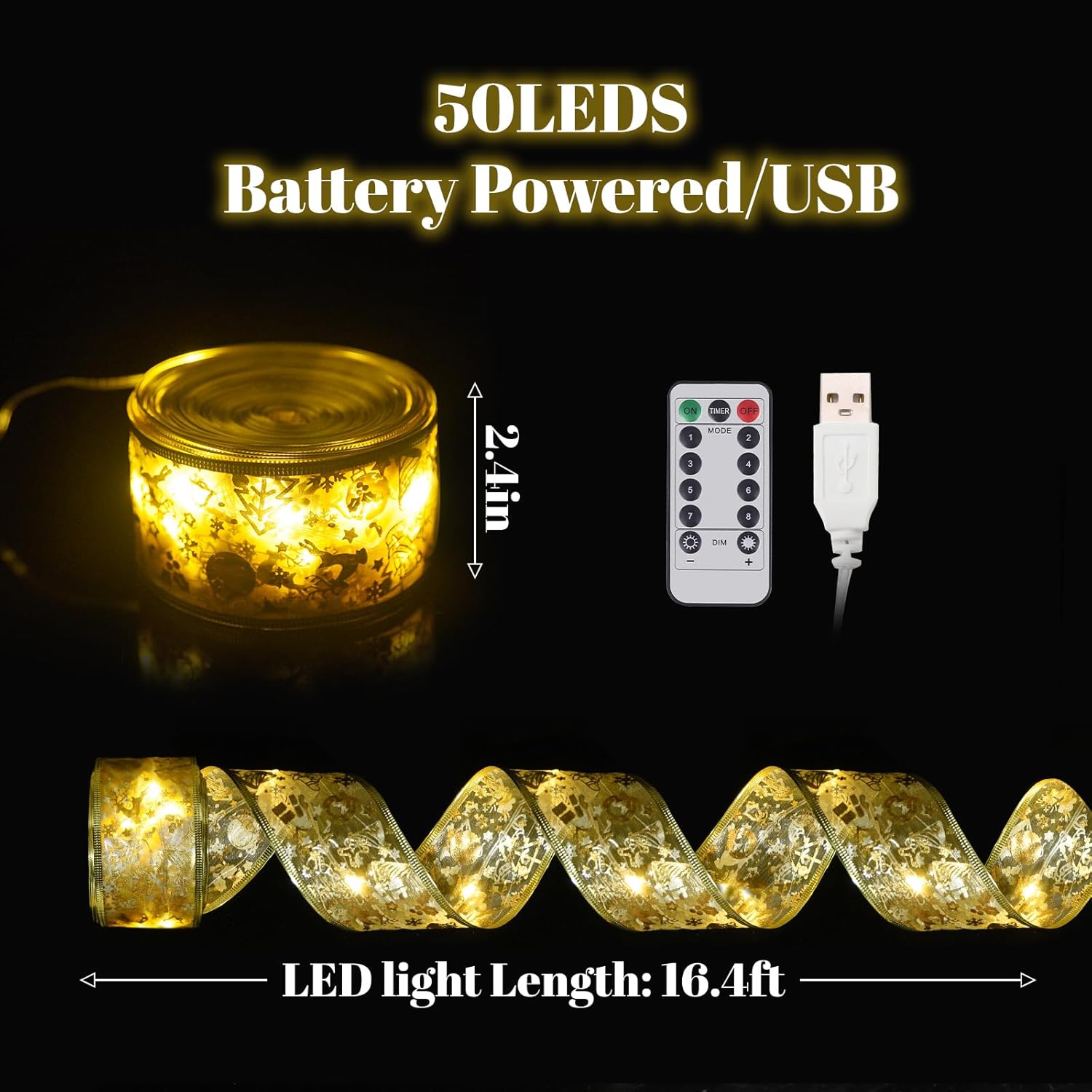 Christmas Ribbon Fairy Lights 2 Pack Total 100Led Usb& Battery Operated String Lights Timer 46Ft Christmas Lights Indoor