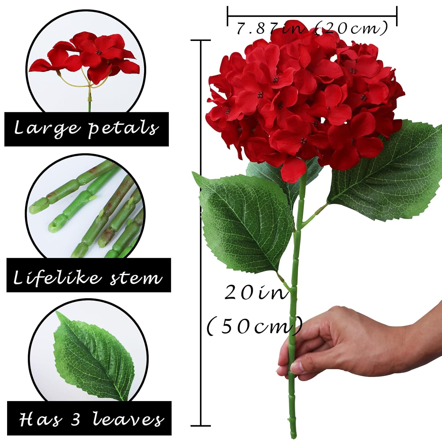Silk Red Hydrangea Artificial Flowers With Stem, 6Pcs 20" Large Full Faux Flower Lifelike Artificial Hydrangeas For Home Table Bouquet Wreath Xmas Party Outdoor Indoor Christmas New Year Decor