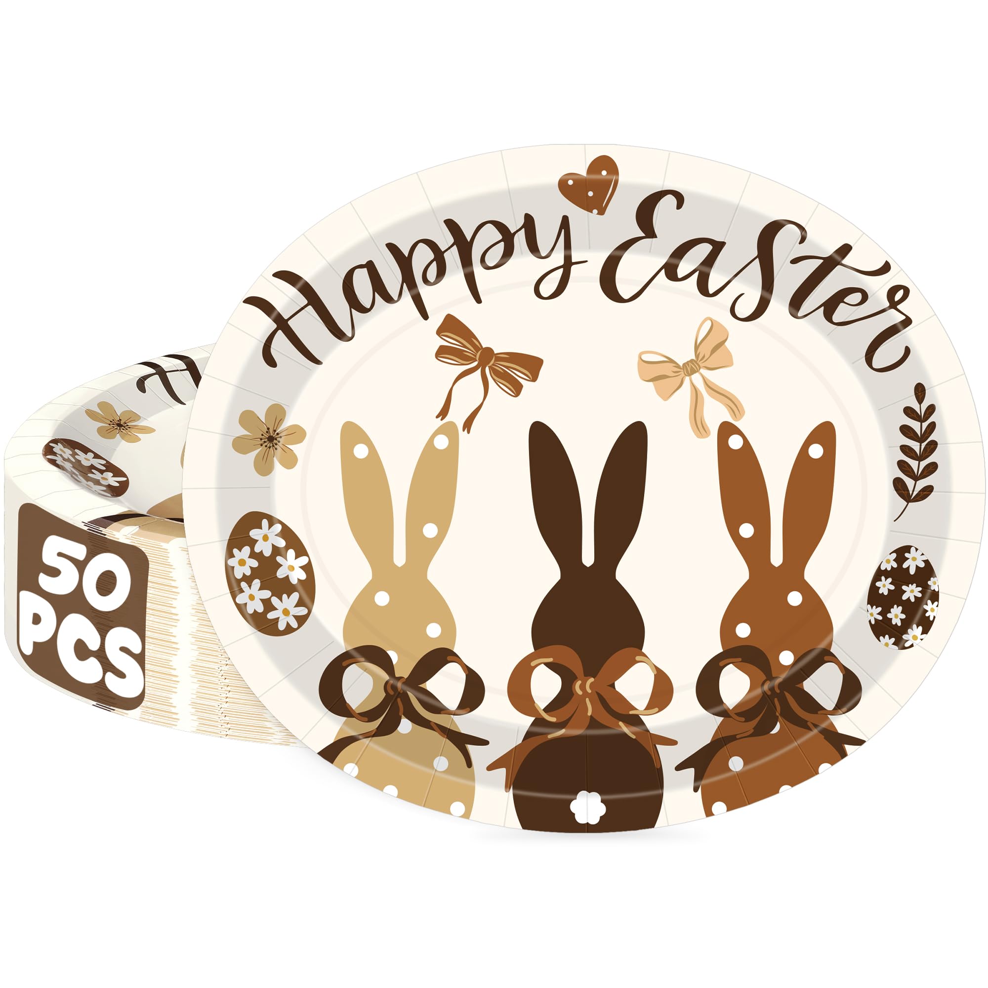 50 Pcs Easter Oval Paper Plates, 12.2 X10.2 Inch Heavy Duty Disposable Plates, Brown Tone Bunny Egg Design Easter Decorations Platters, Spring Tableware for Family Gathering Holiday Party Supplies
