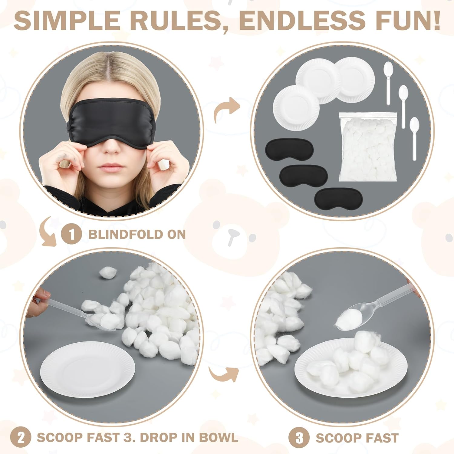 6 Sets Baby Shower Games Funny Baby Shower Blindfolded Games Cotton Craze Challenge, 6 Black Blindfolds 6 Disposable Spoons Plates 2 Pack Cotton Ball For Adult Gender Reveal Party Supplies
