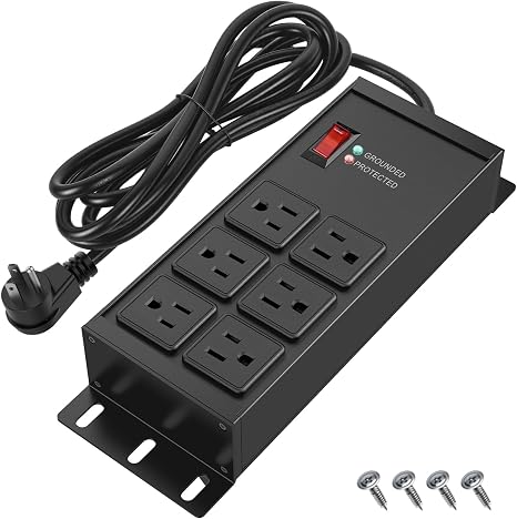 Heavy Duty Black Surge Protector Power Strip with 6 Outlets and 4FT Cord for Garage and Workshop