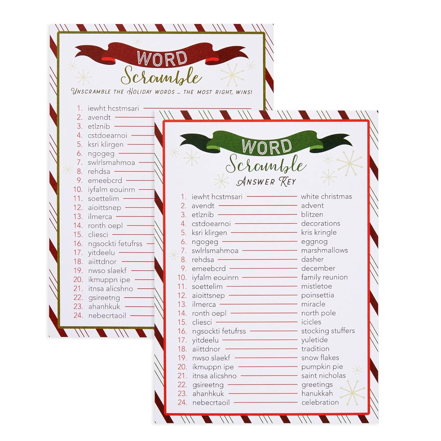 Christmas Word Scramble Game - 50 5X7 In Red, Green & White Traditional - Includes 2 Answer Keys & Adult Christmas Activity Sheets - Family Reunion Unscramble Words & Party Activity