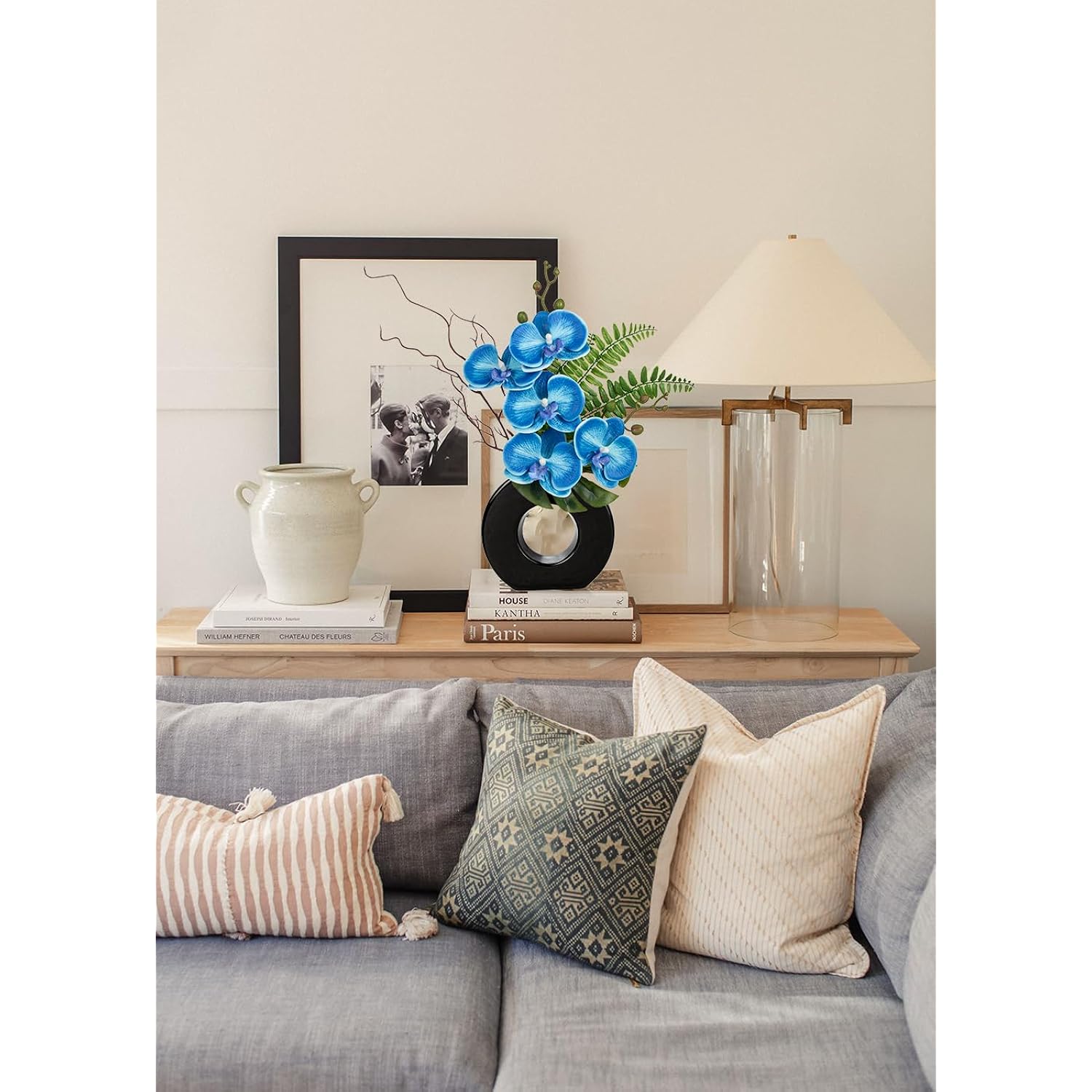 Blue Orchid Fake Flowers With Black Vase, 16.1'' Artificial Orchid Silk Flowers Faux Orchid Arrangement For Home Office Room Table Centerpiece Modern Decoration