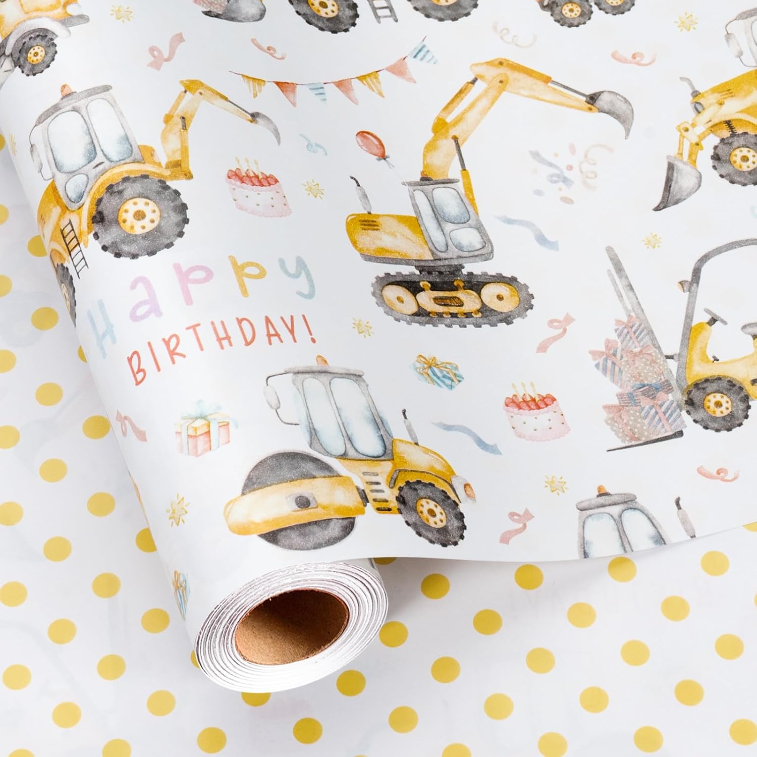 Reversible Construction Birthday Wrapping Paper For Kids - 17 In X 16.4 Ft(23.3 Sqft) - Reversible Gift Wrap Paper With Yellow Truck Excavator Digger For Kids Boys Birthday, Baby Shower, Christmas